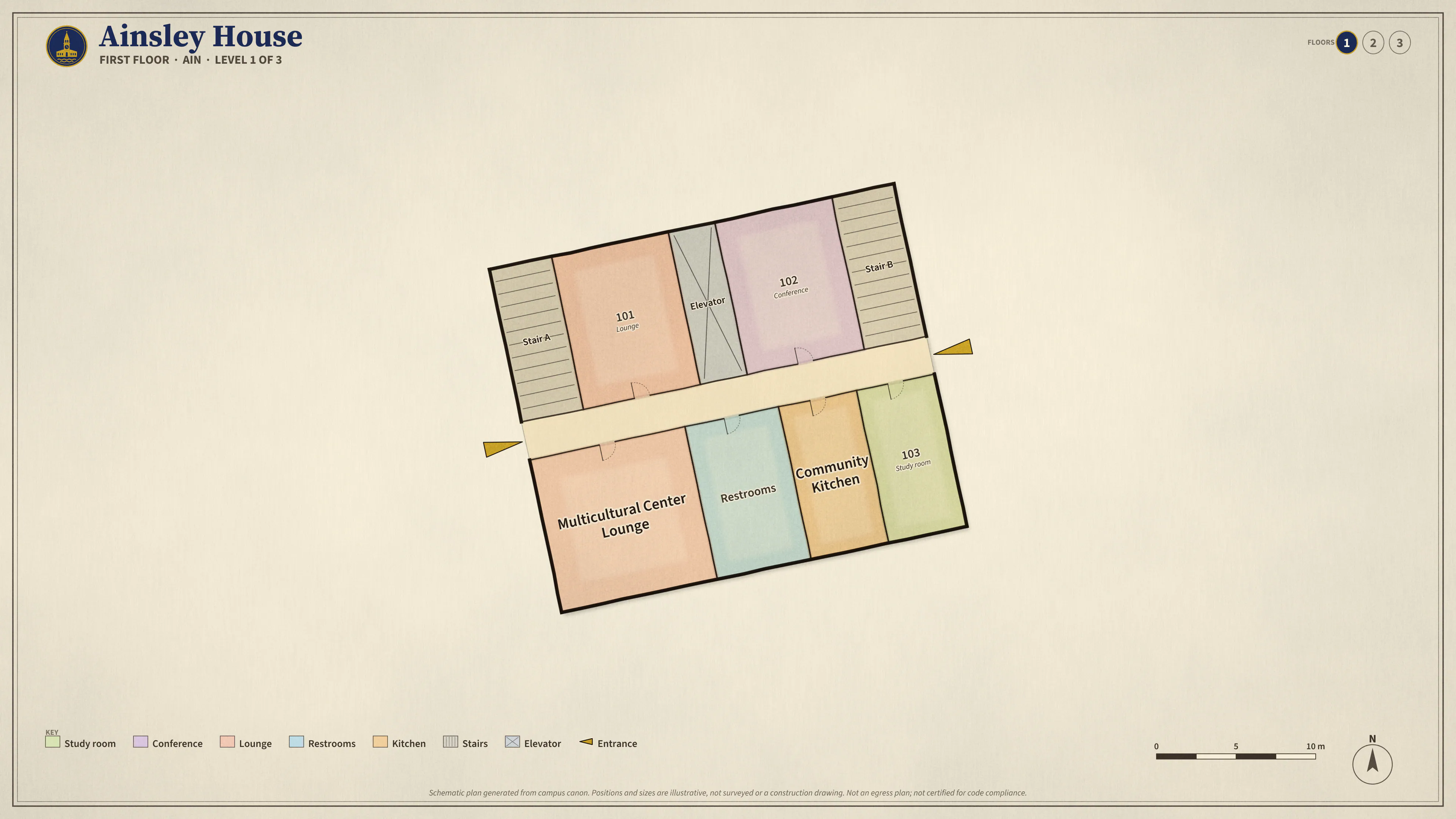Ainsley House, First Floor: illustrated schematic floor plan. Searchable room list follows.