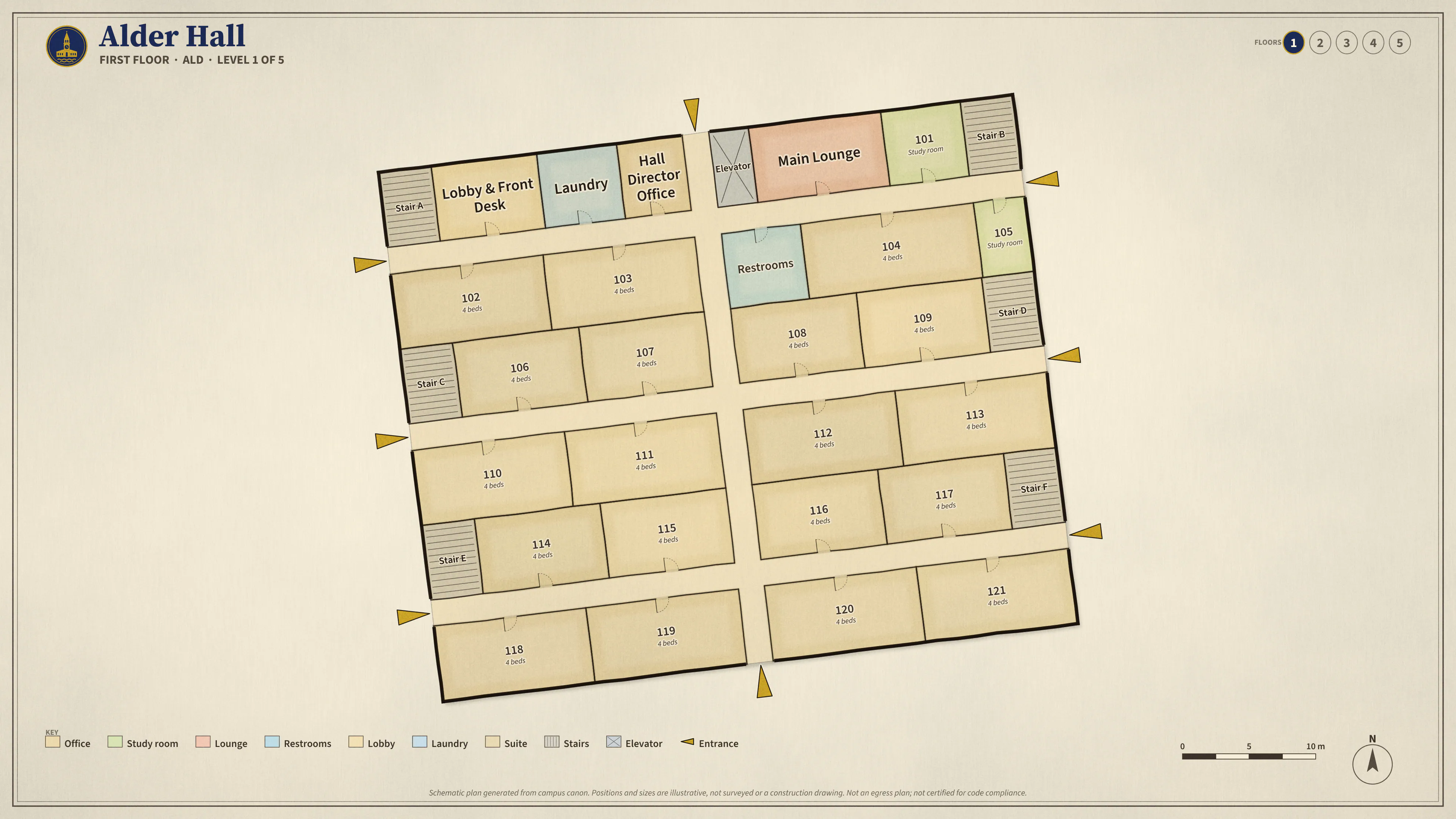 Alder Hall, First Floor: illustrated schematic floor plan. Searchable room list follows.