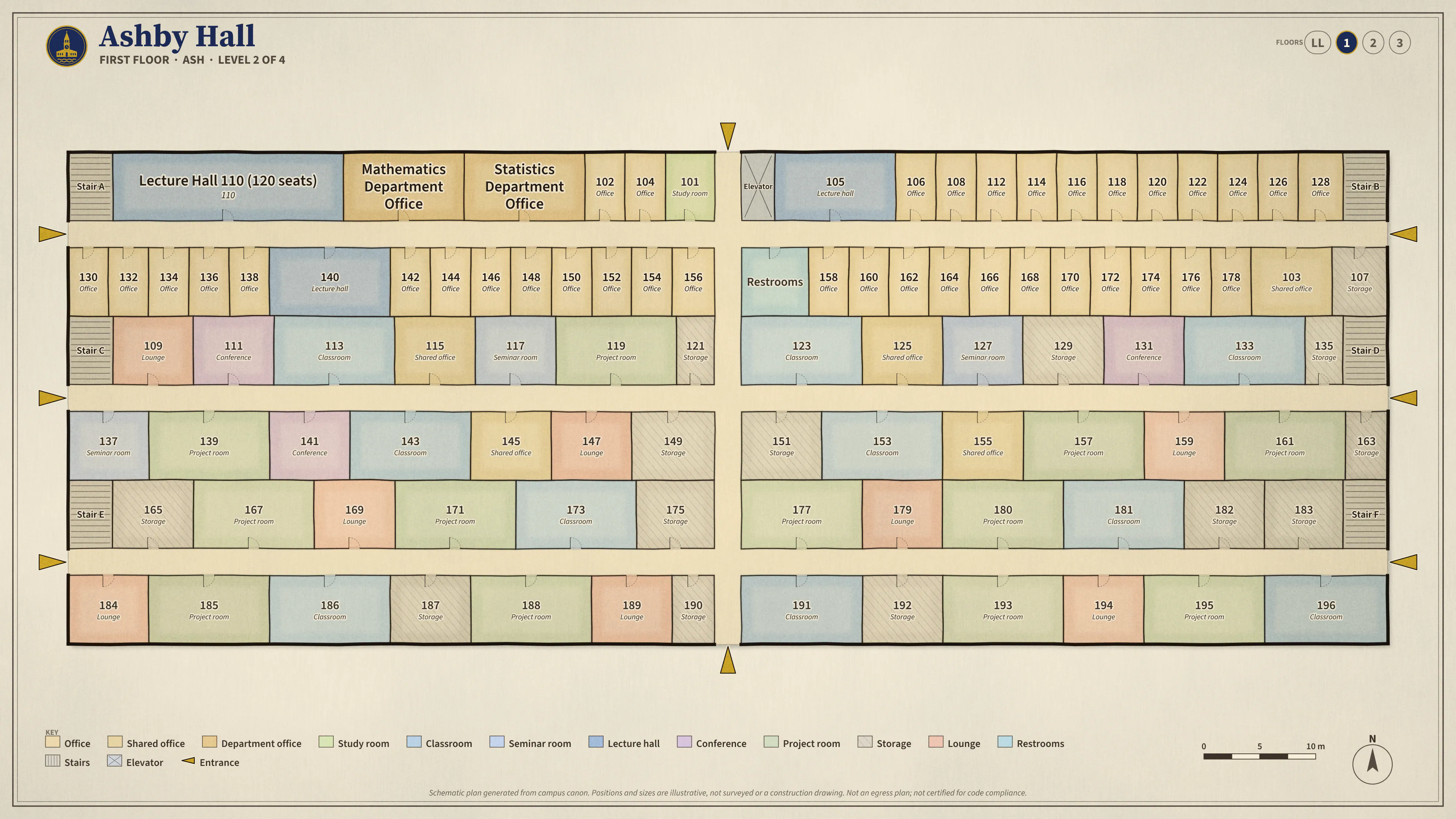 Ashby Hall, First Floor: illustrated schematic floor plan. Searchable room list follows.