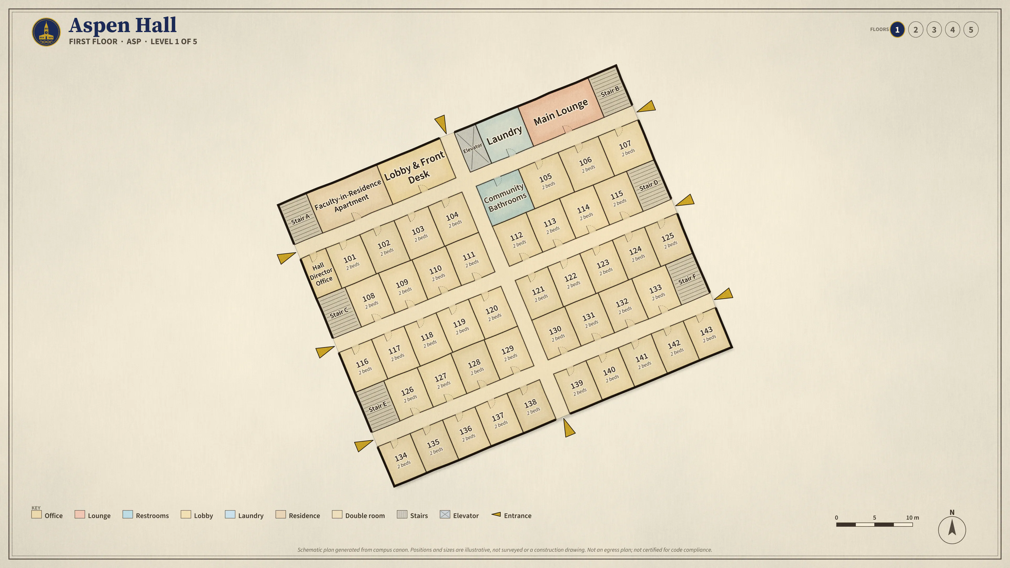 Aspen Hall, First Floor: illustrated schematic floor plan. Searchable room list follows.