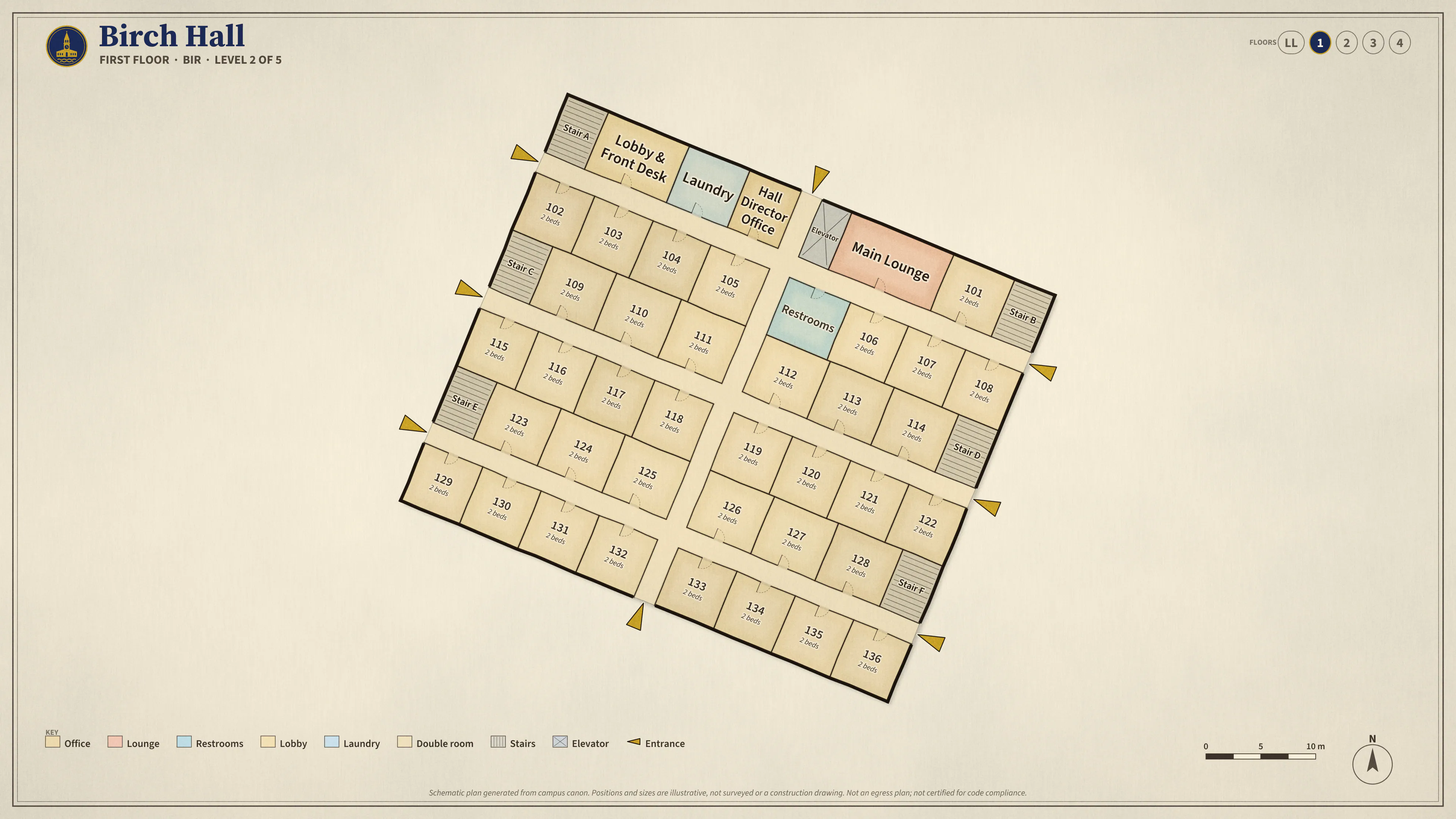 Birch Hall, First Floor: illustrated schematic floor plan. Searchable room list follows.