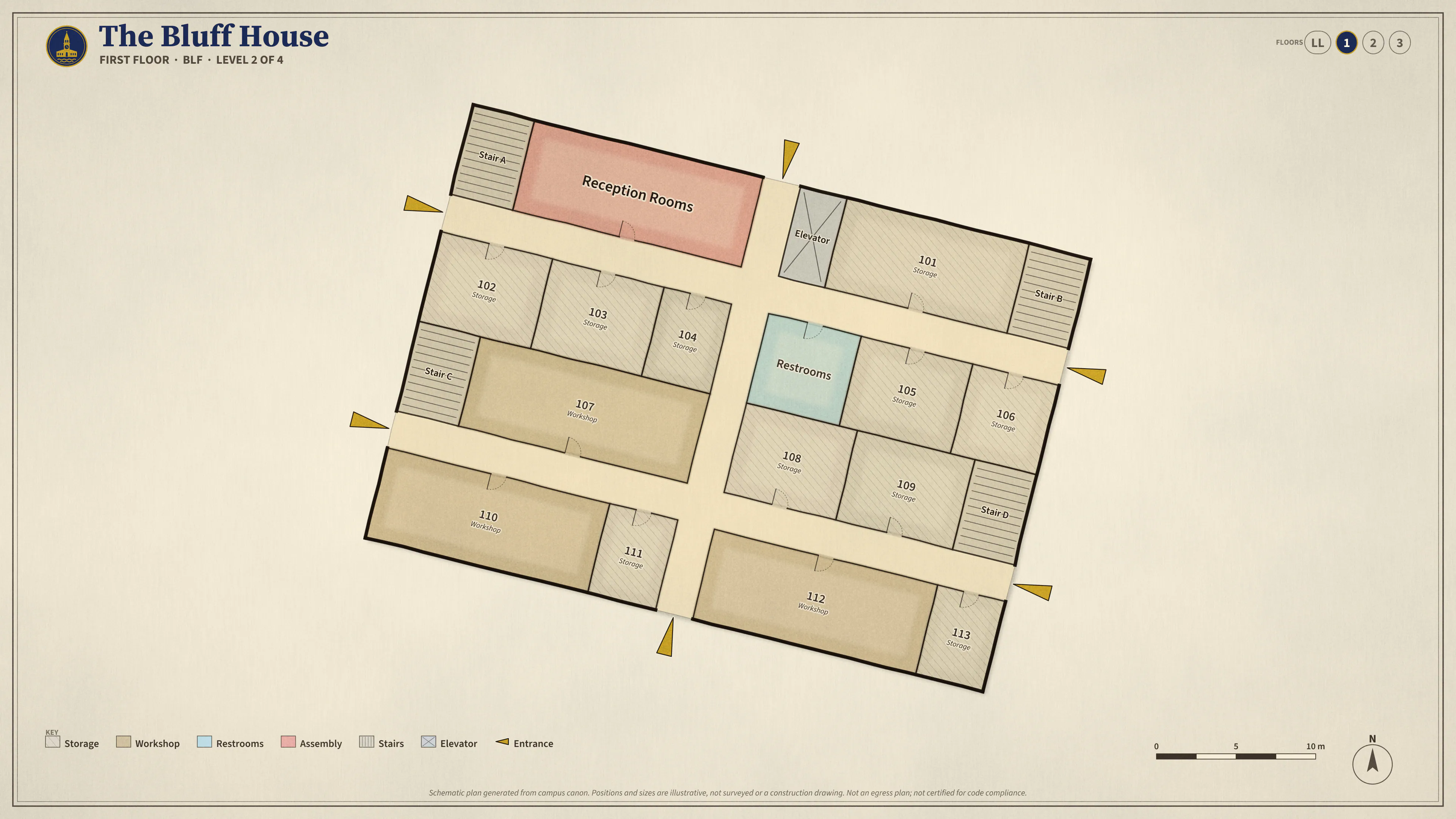 The Bluff House, First Floor: illustrated schematic floor plan. Searchable room list follows.