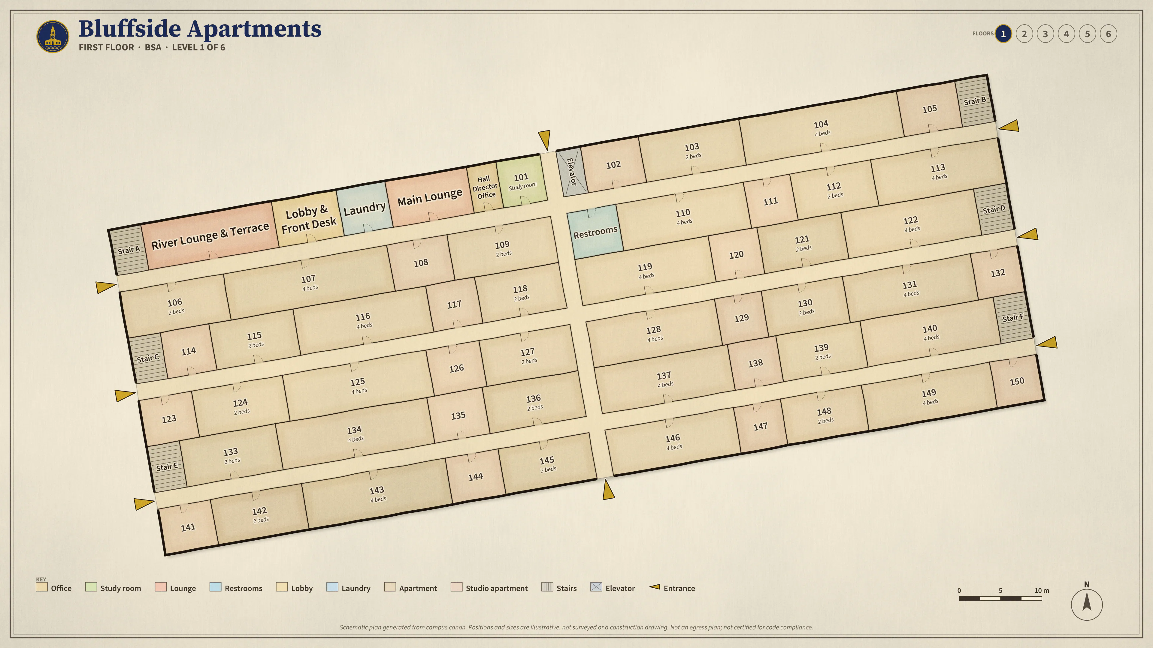 Bluffside Apartments, First Floor: illustrated schematic floor plan. Searchable room list follows.