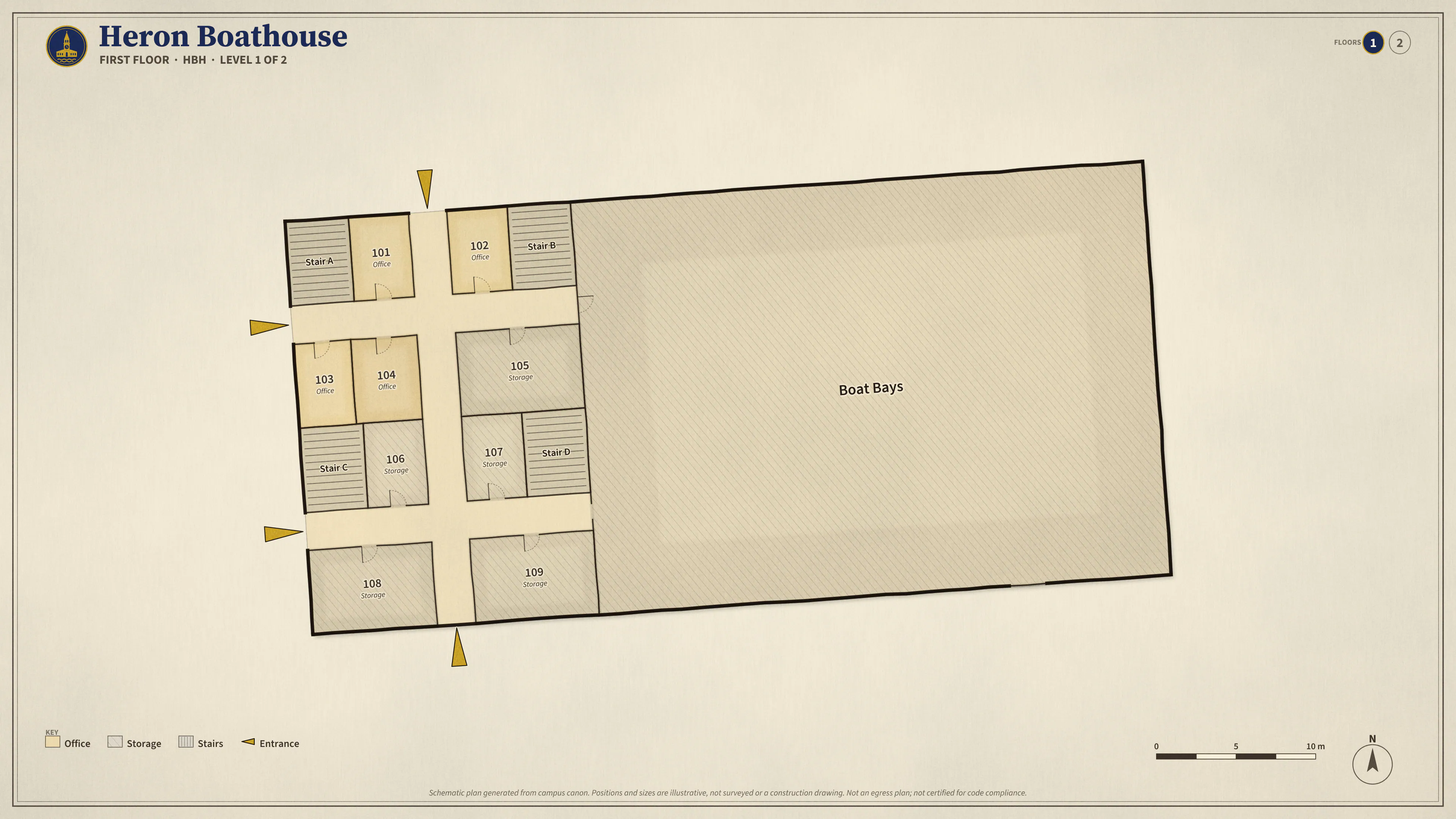 Heron Boathouse, First Floor: illustrated schematic floor plan. Searchable room list follows.