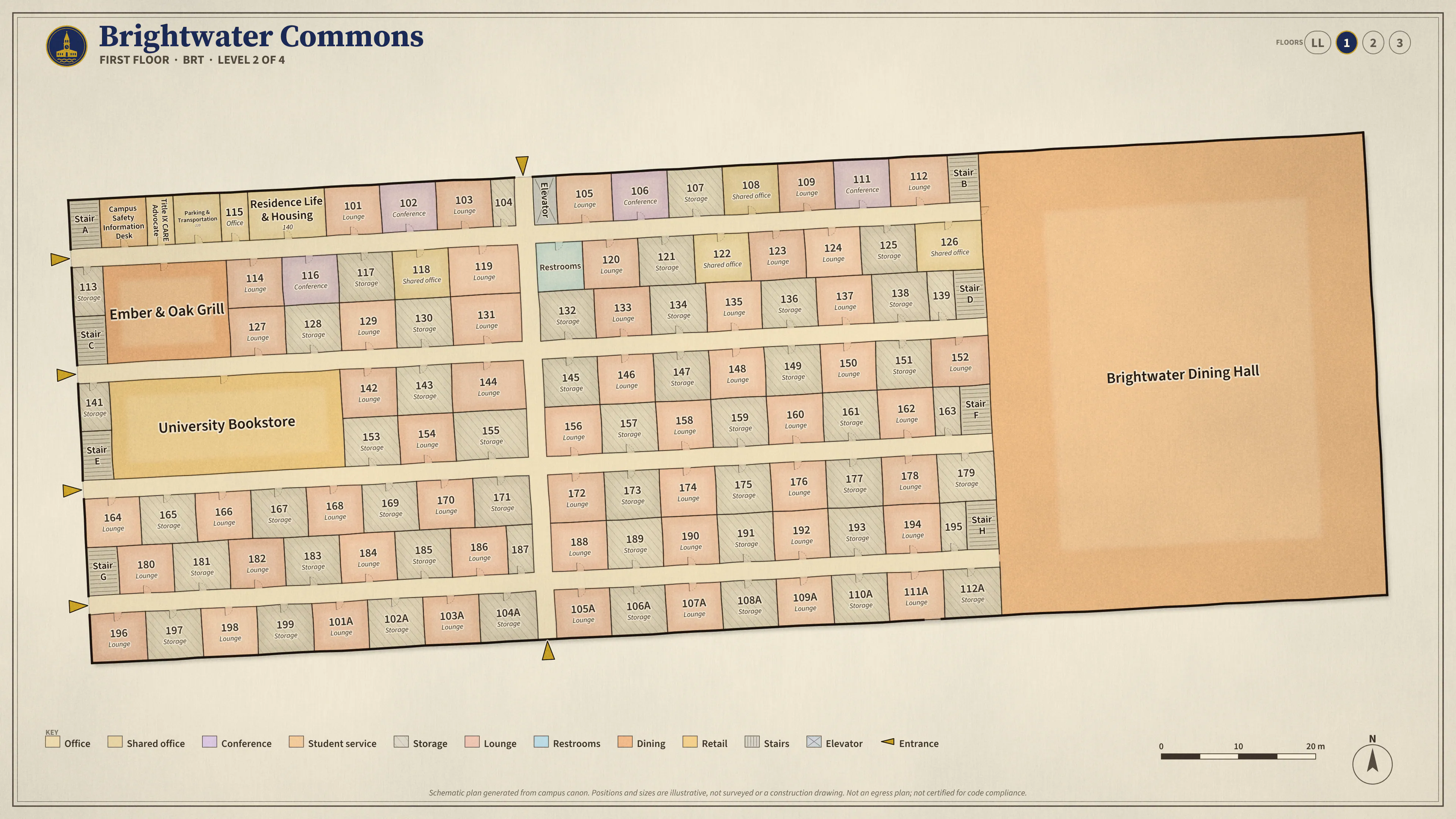 Brightwater Commons, First Floor: illustrated schematic floor plan. Searchable room list follows.
