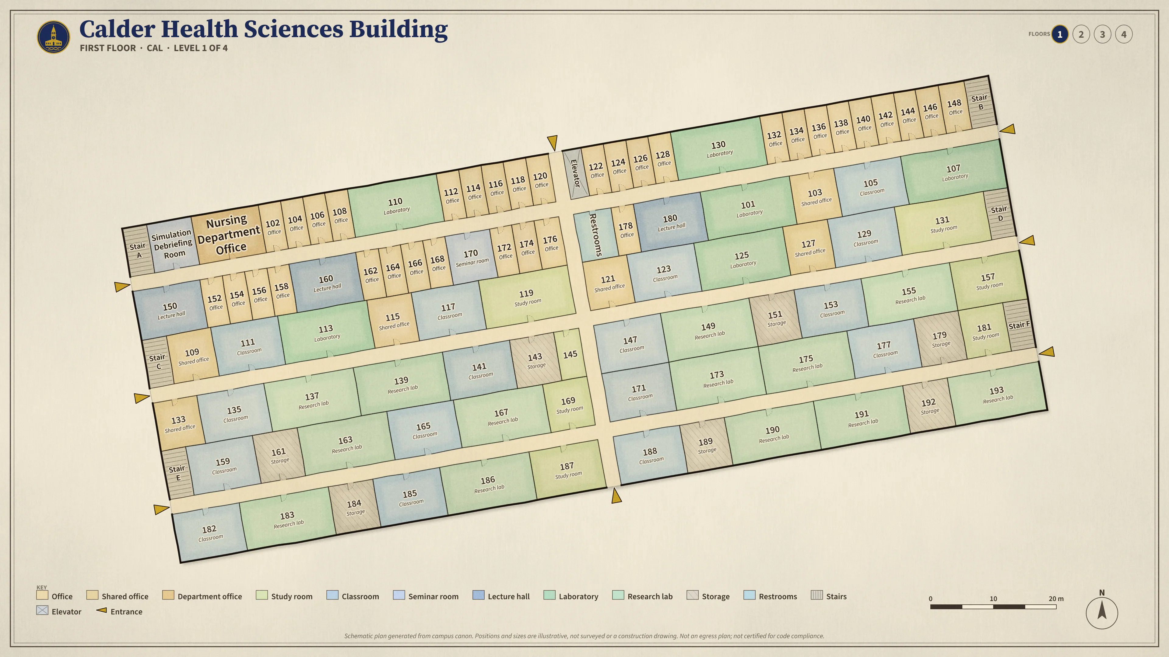 Calder Health Sciences Building, First Floor: illustrated schematic floor plan. Searchable room list follows.