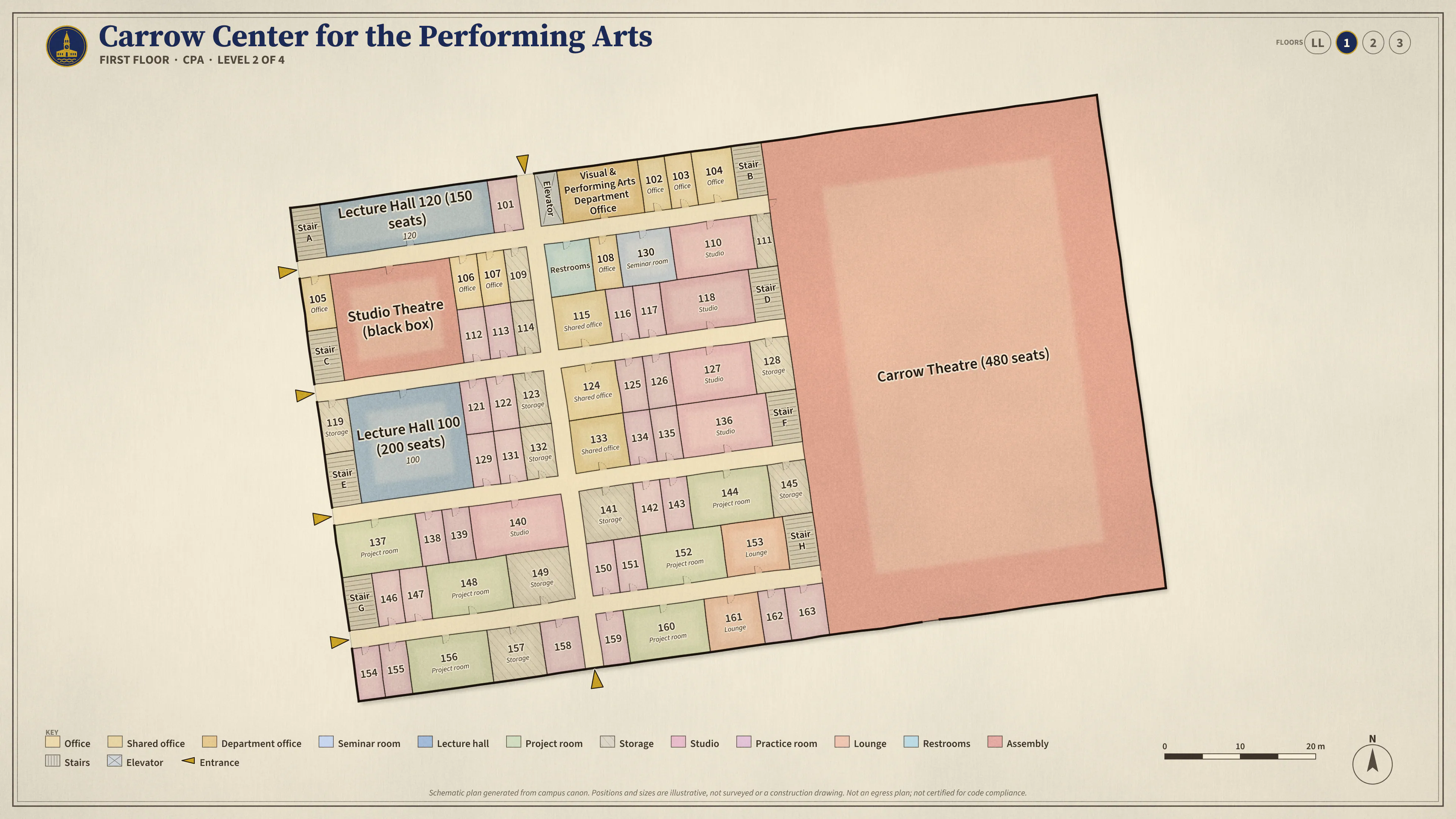 Carrow Center for the Performing Arts, First Floor: illustrated schematic floor plan. Searchable room list follows.