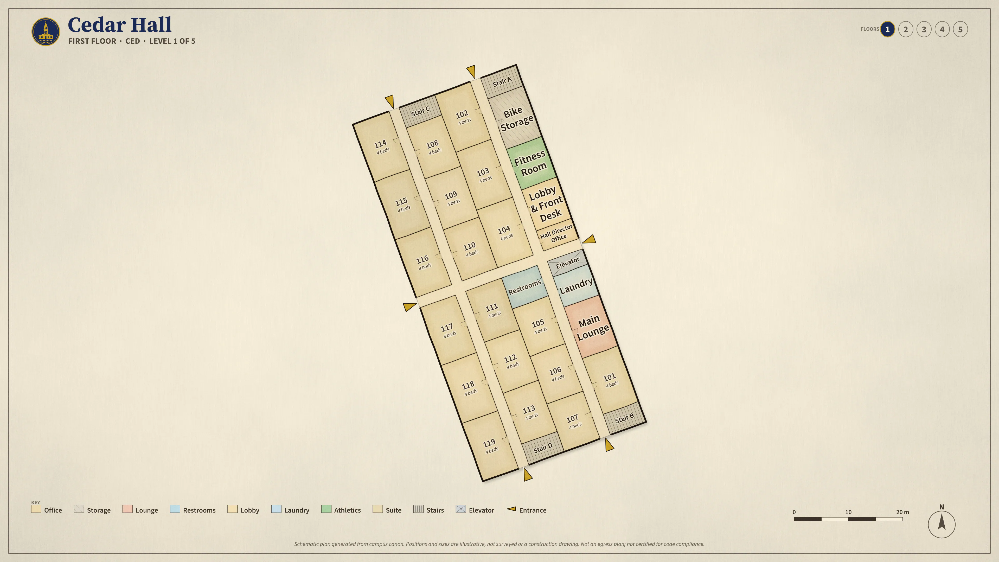 Cedar Hall, First Floor: illustrated schematic floor plan. Searchable room list follows.