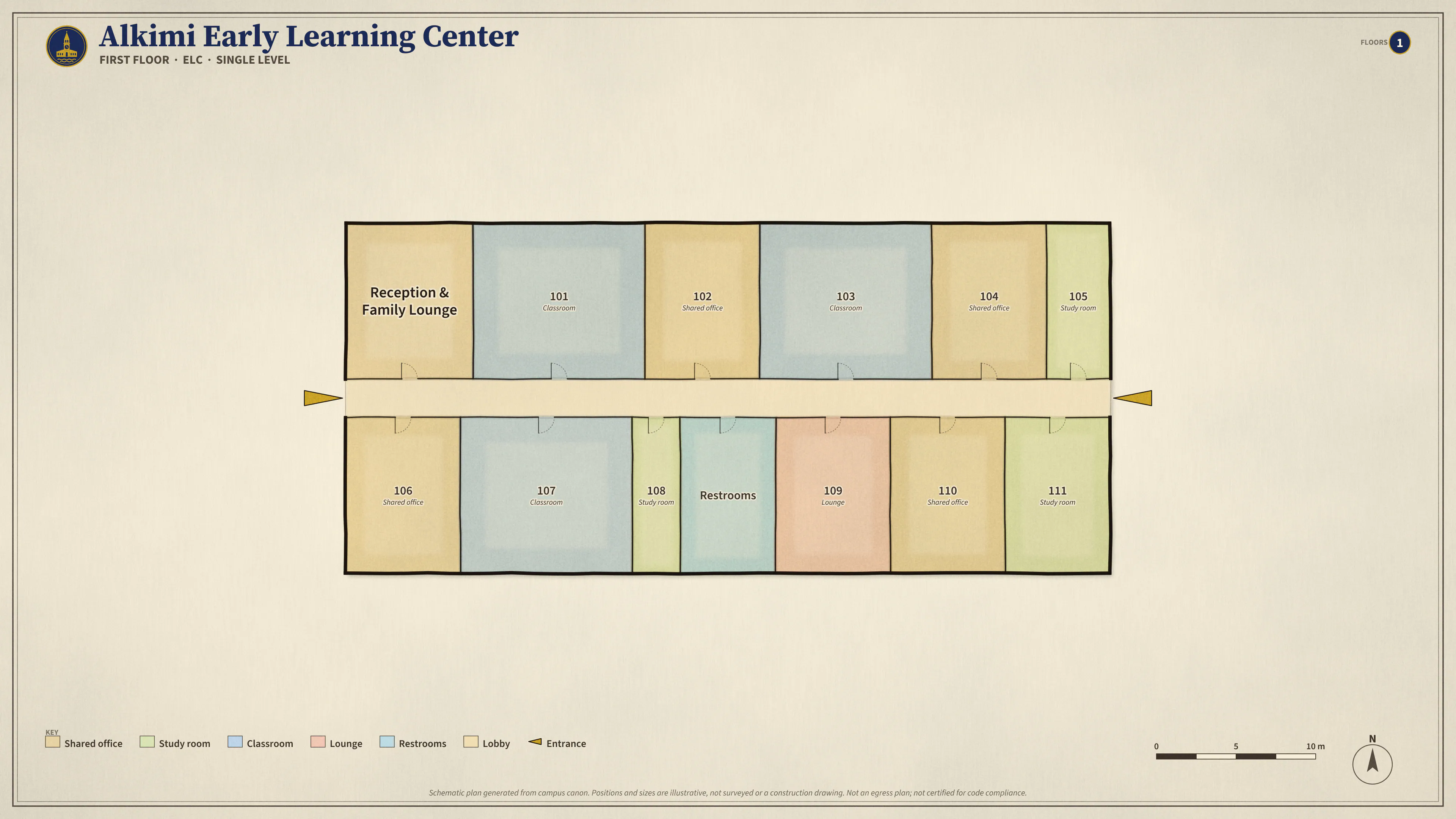 Alkimi Early Learning Center, First Floor: illustrated schematic floor plan. Searchable room list follows.