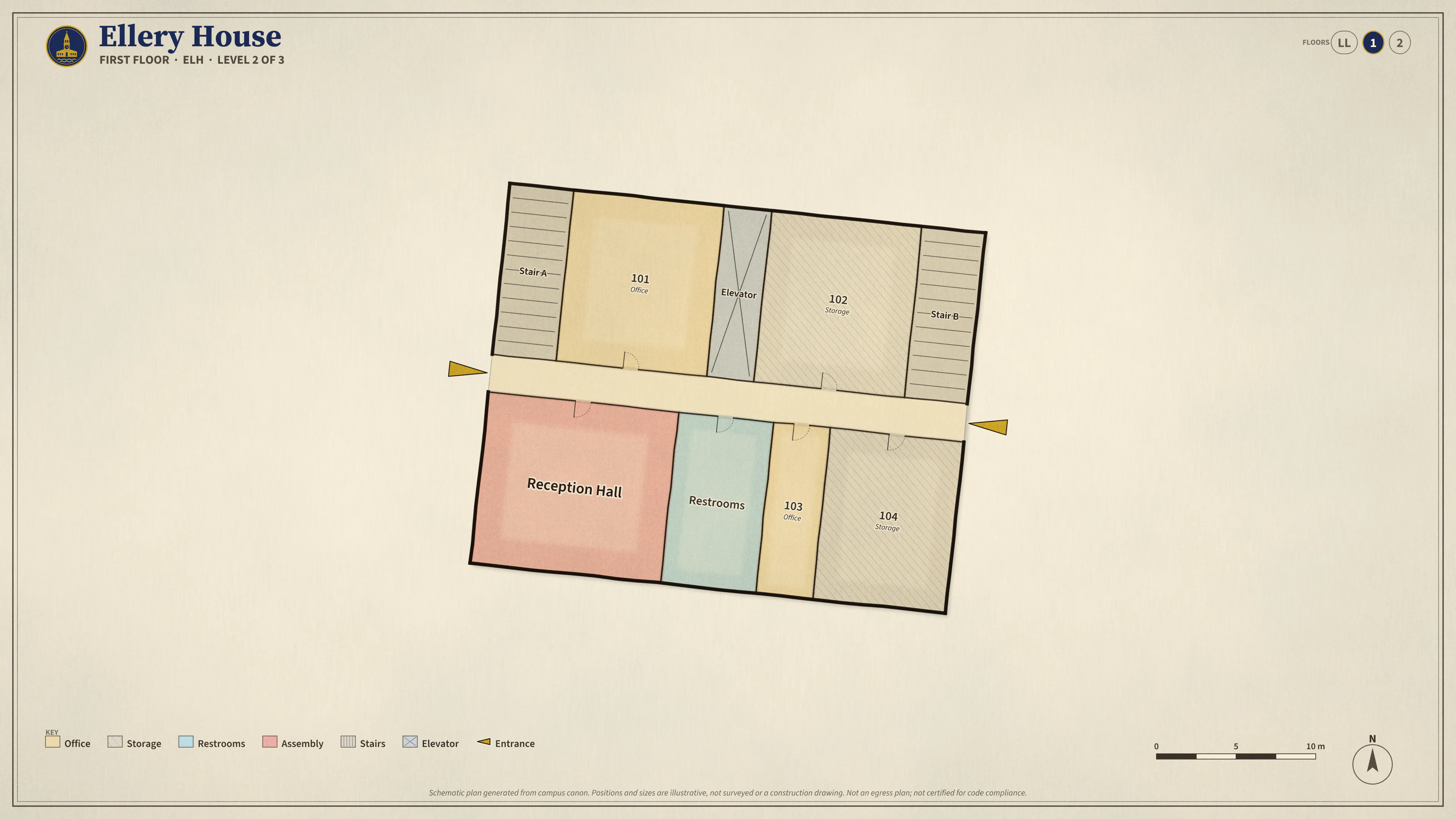 Ellery House, First Floor: illustrated schematic floor plan. Searchable room list follows.