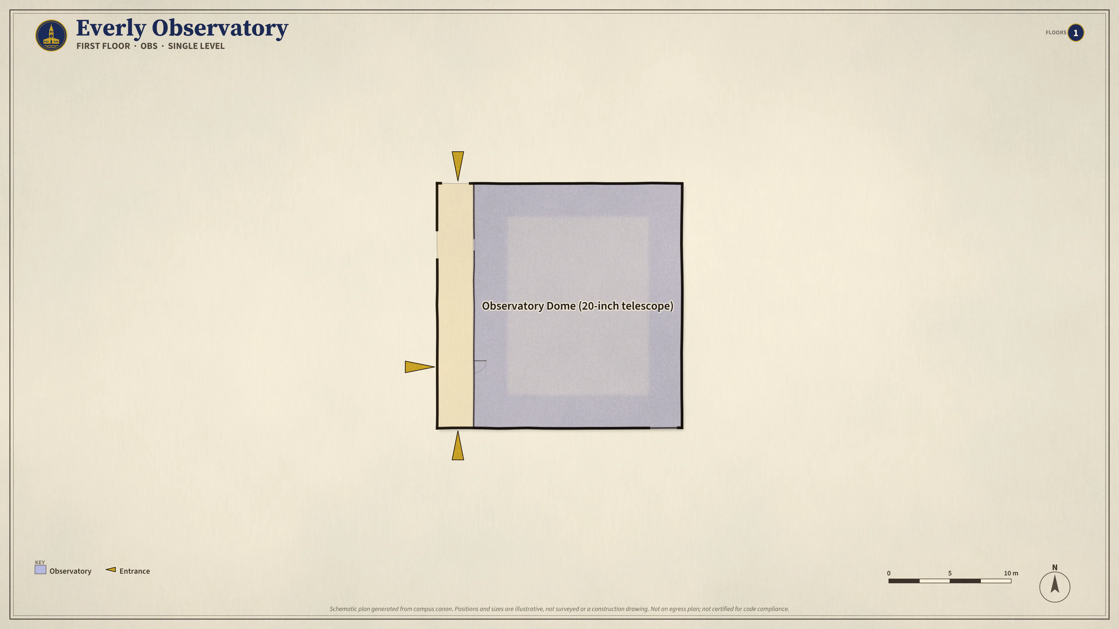 Everly Observatory, First Floor: illustrated schematic floor plan. Searchable room list follows.