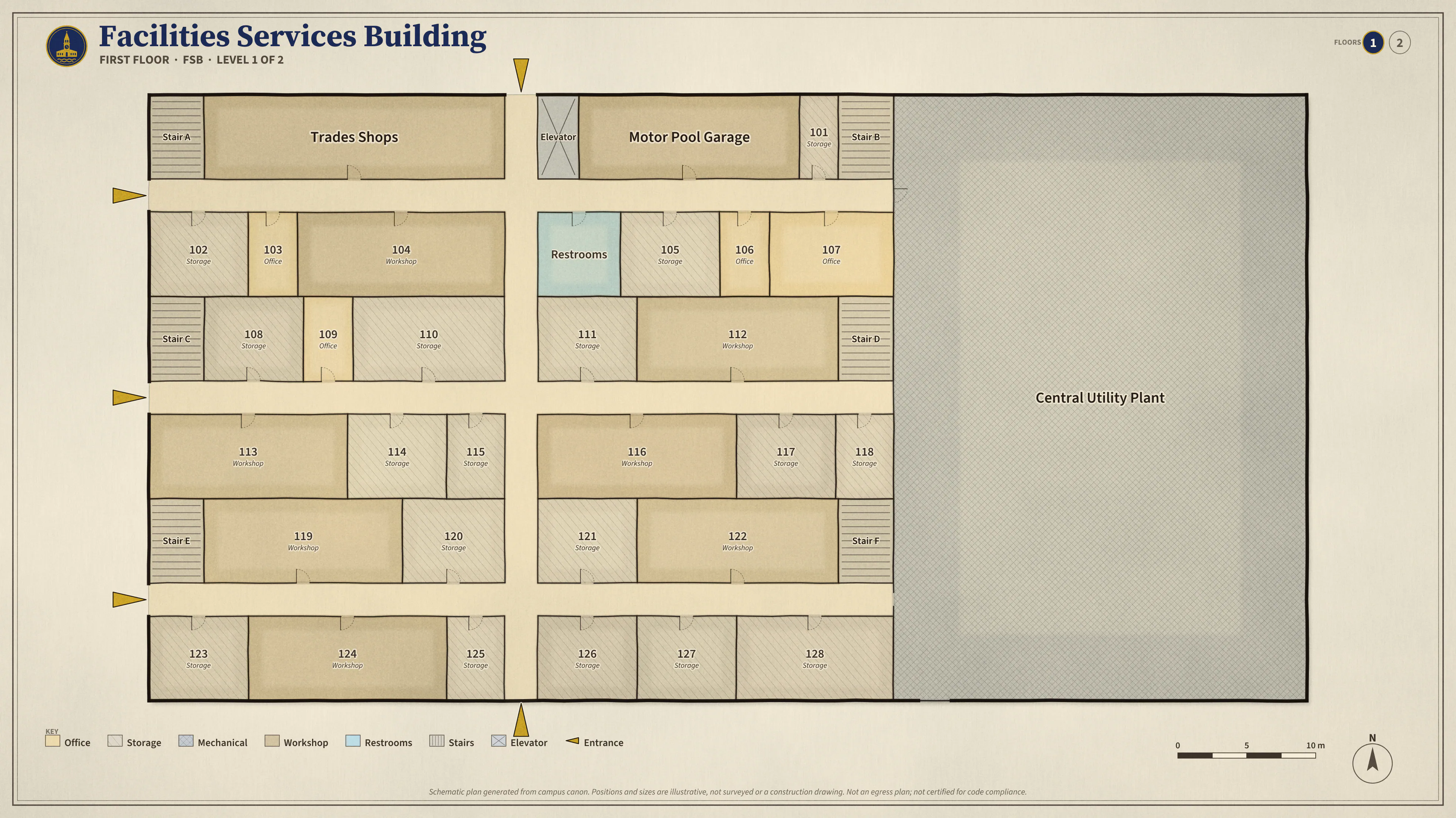 Facilities Services Building, First Floor: illustrated schematic floor plan. Searchable room list follows.