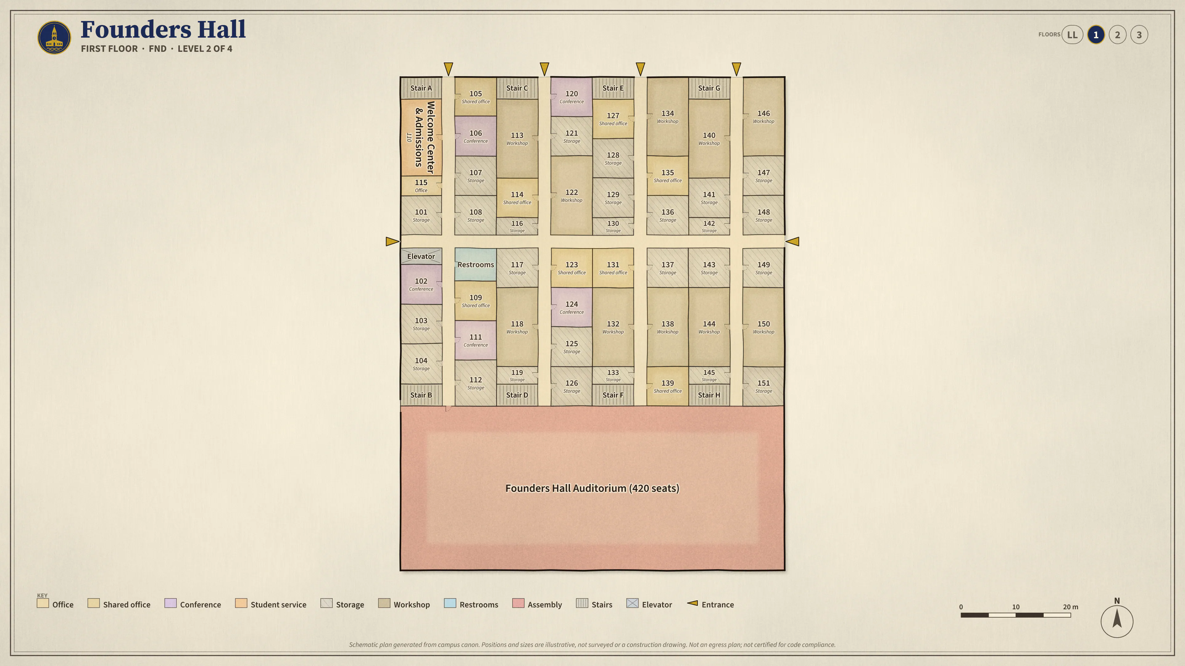 Founders Hall, First Floor: illustrated schematic floor plan. Searchable room list follows.