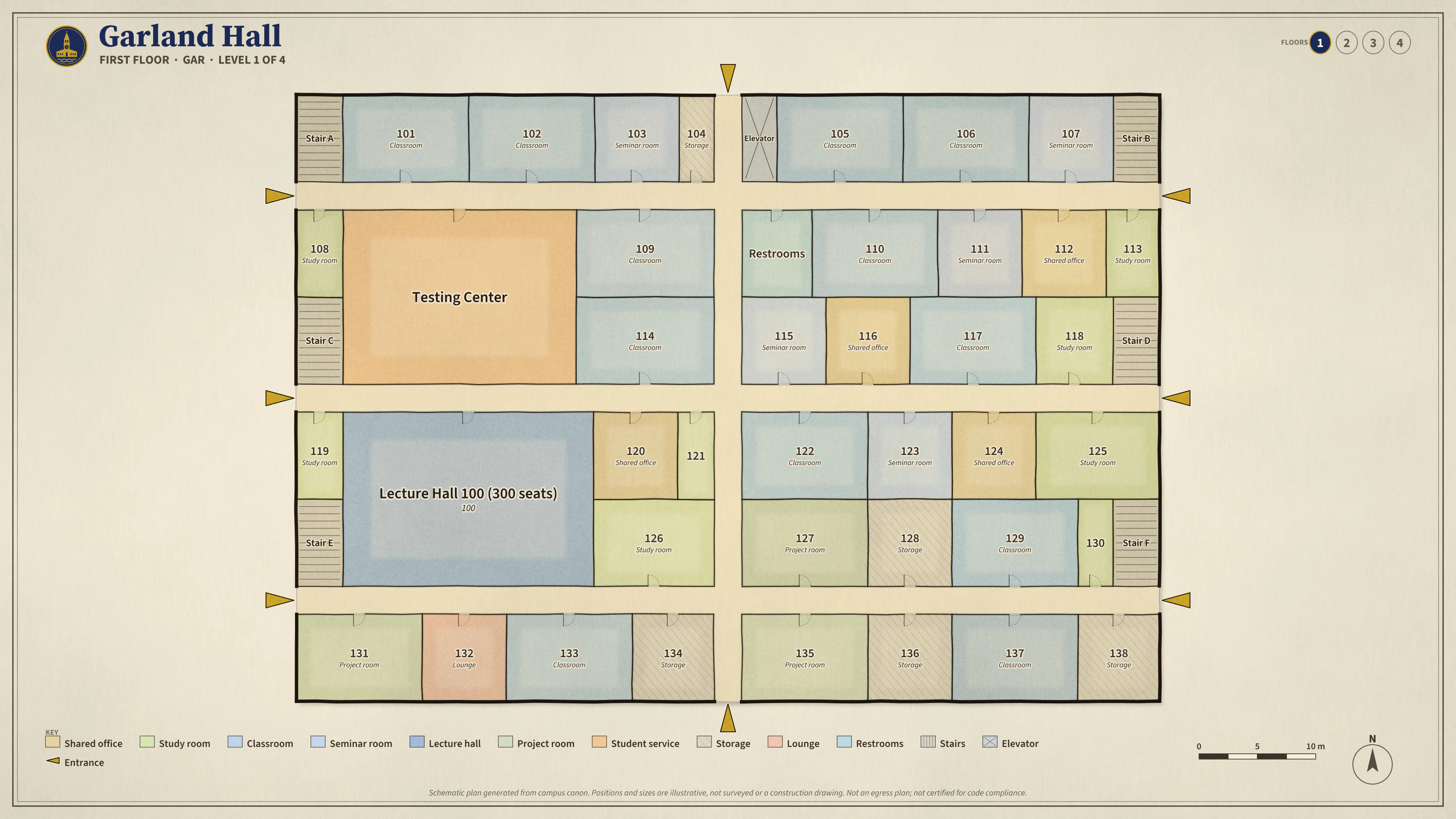 Garland Hall, First Floor: illustrated schematic floor plan. Searchable room list follows.