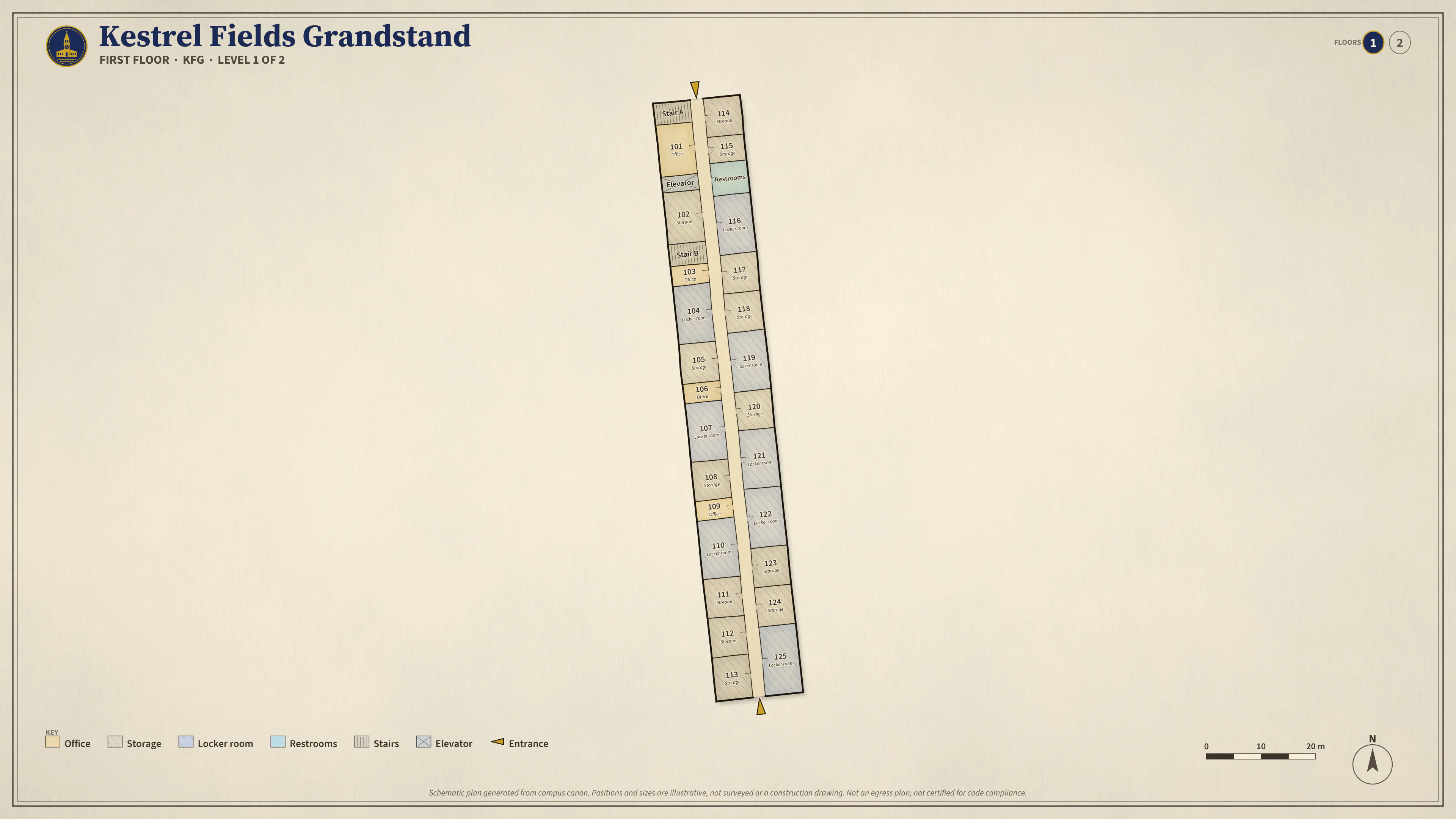 Kestrel Fields Grandstand, First Floor: illustrated schematic floor plan. Searchable room list follows.