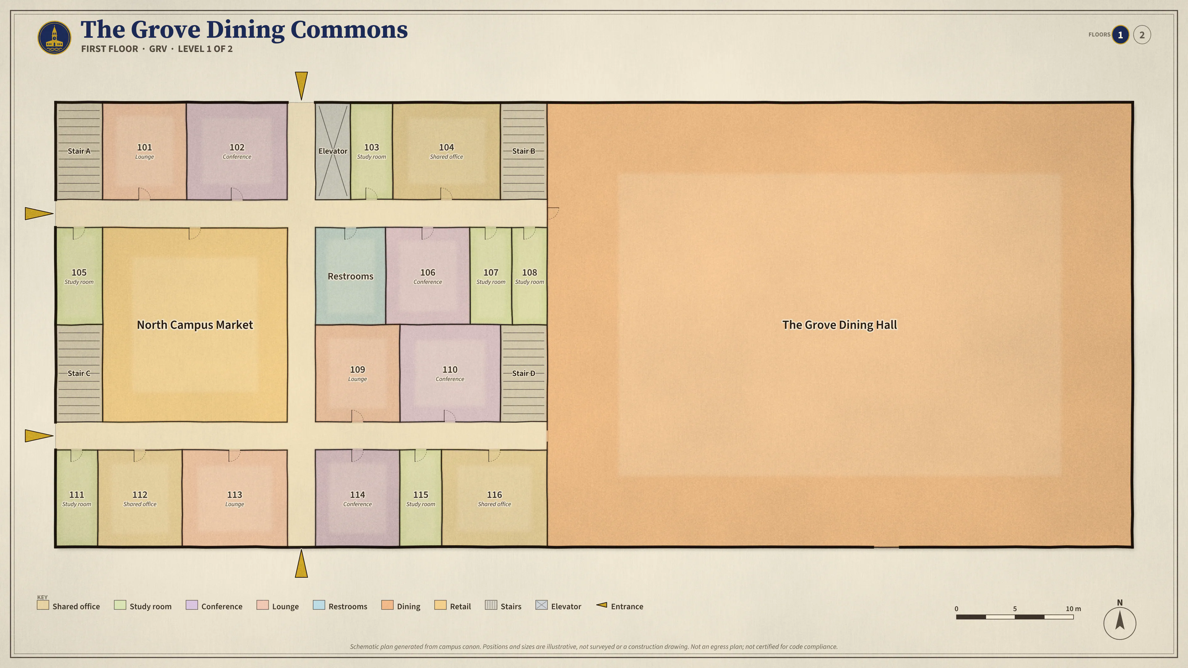 The Grove Dining Commons, First Floor: illustrated schematic floor plan. Searchable room list follows.