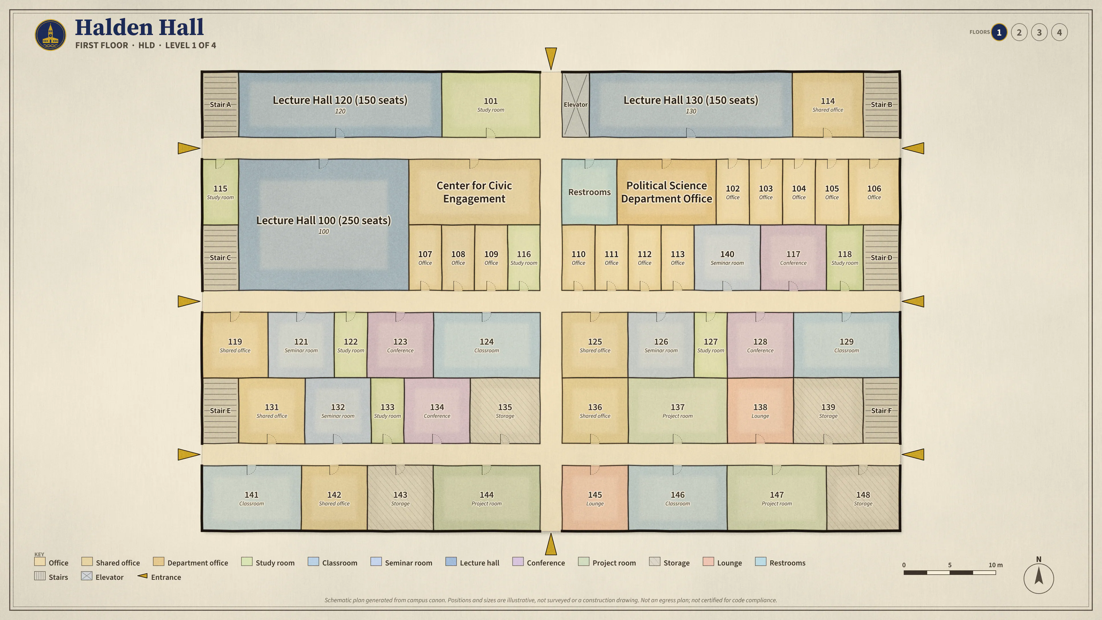 Halden Hall, First Floor: illustrated schematic floor plan. Searchable room list follows.