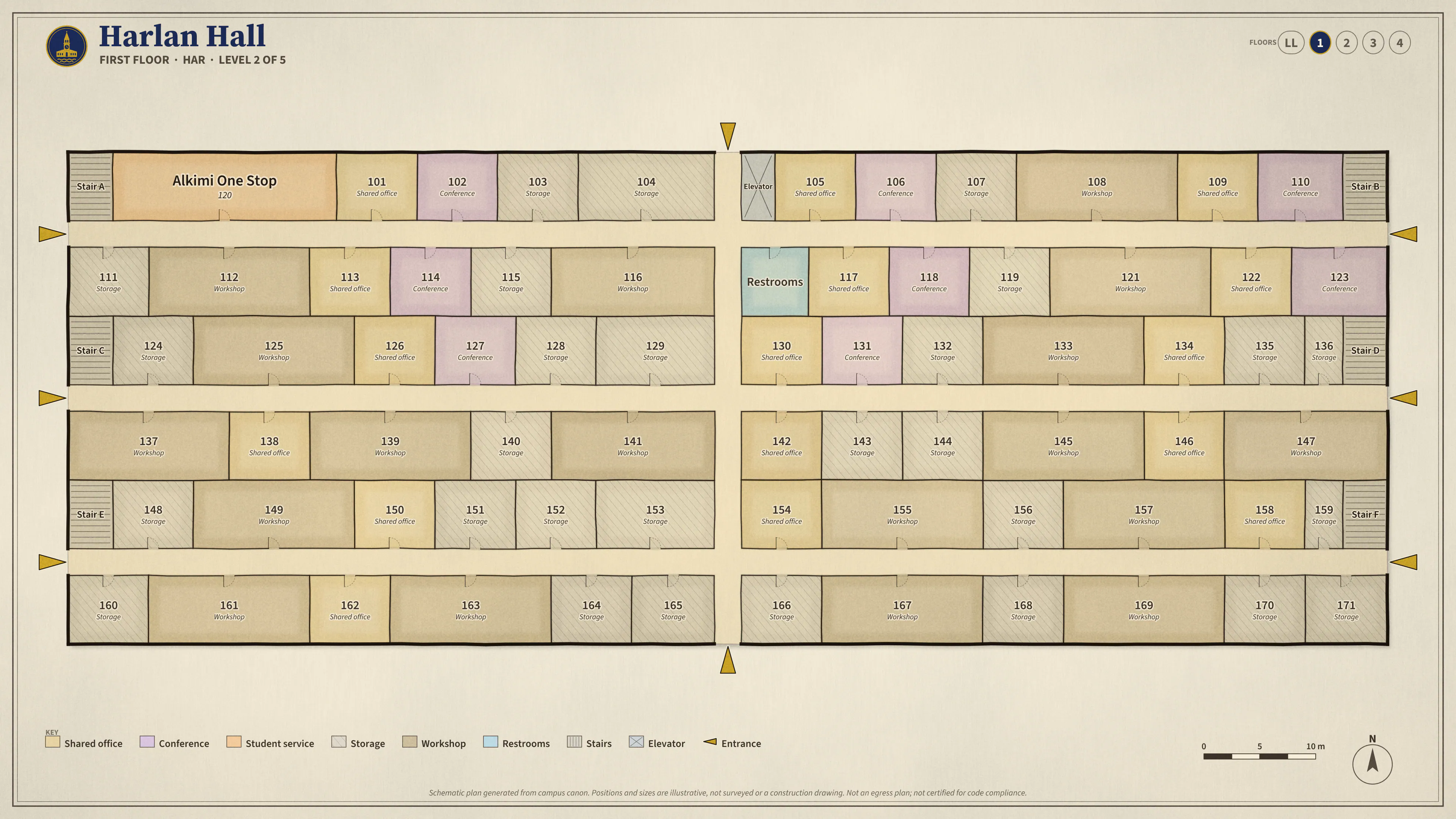 Harlan Hall, First Floor: illustrated schematic floor plan. Searchable room list follows.