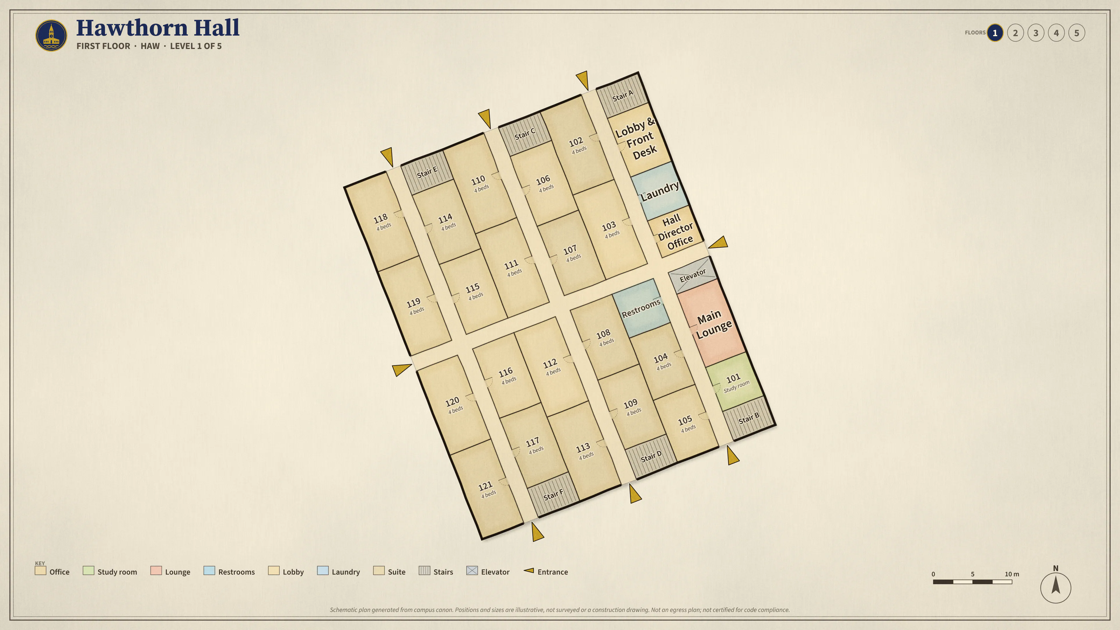 Hawthorn Hall, First Floor: illustrated schematic floor plan. Searchable room list follows.