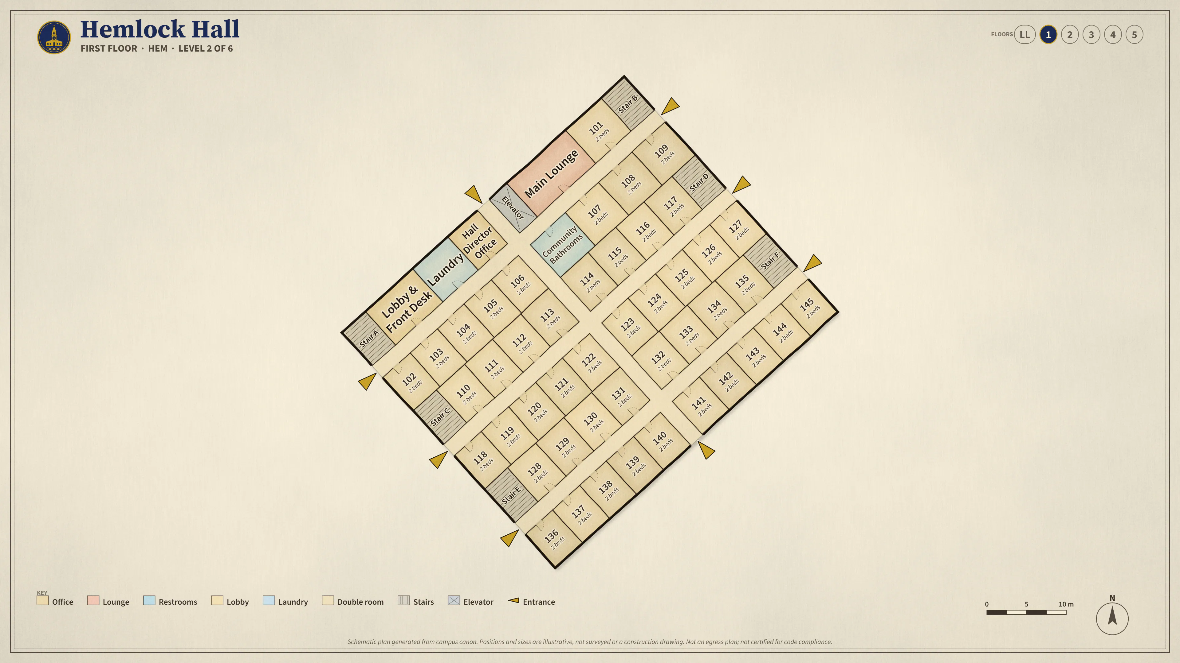 Hemlock Hall, First Floor: illustrated schematic floor plan. Searchable room list follows.