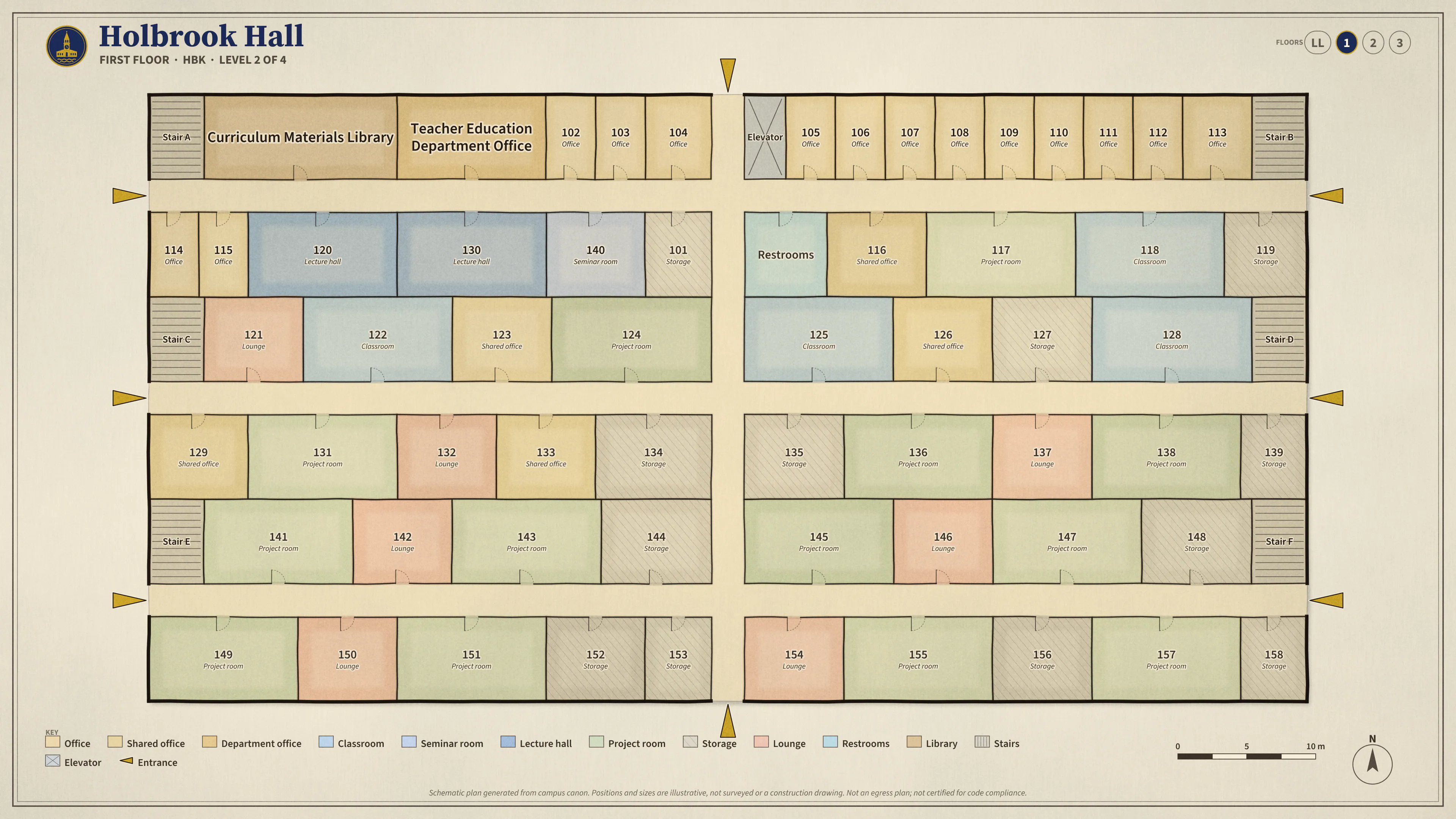Holbrook Hall, First Floor: illustrated schematic floor plan. Searchable room list follows.