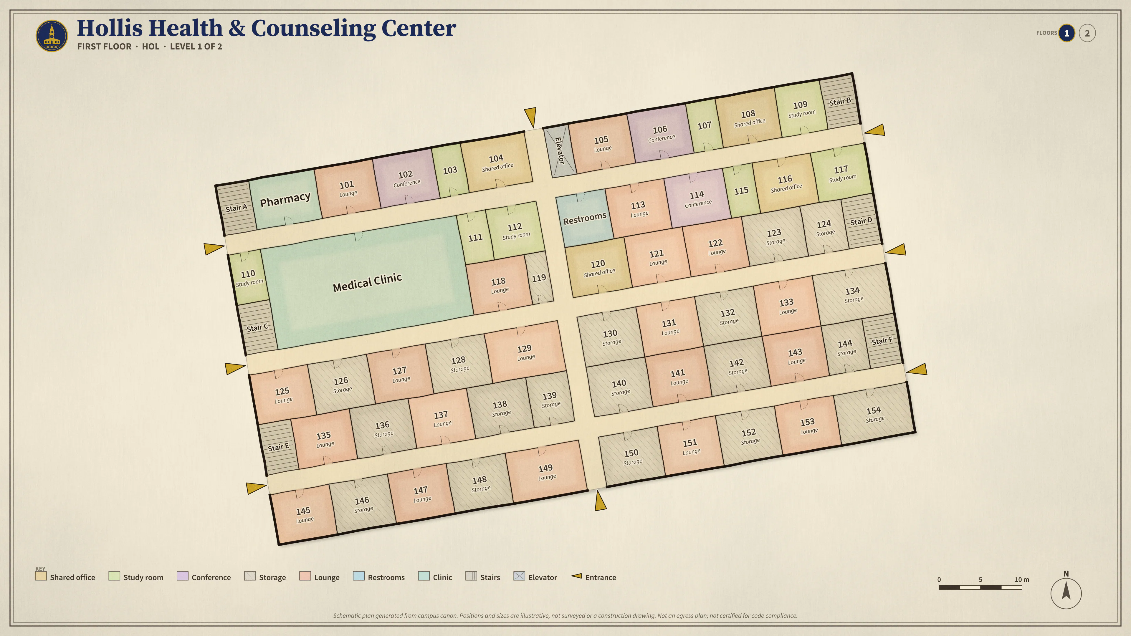Hollis Health & Counseling Center, First Floor: illustrated schematic floor plan. Searchable room list follows.