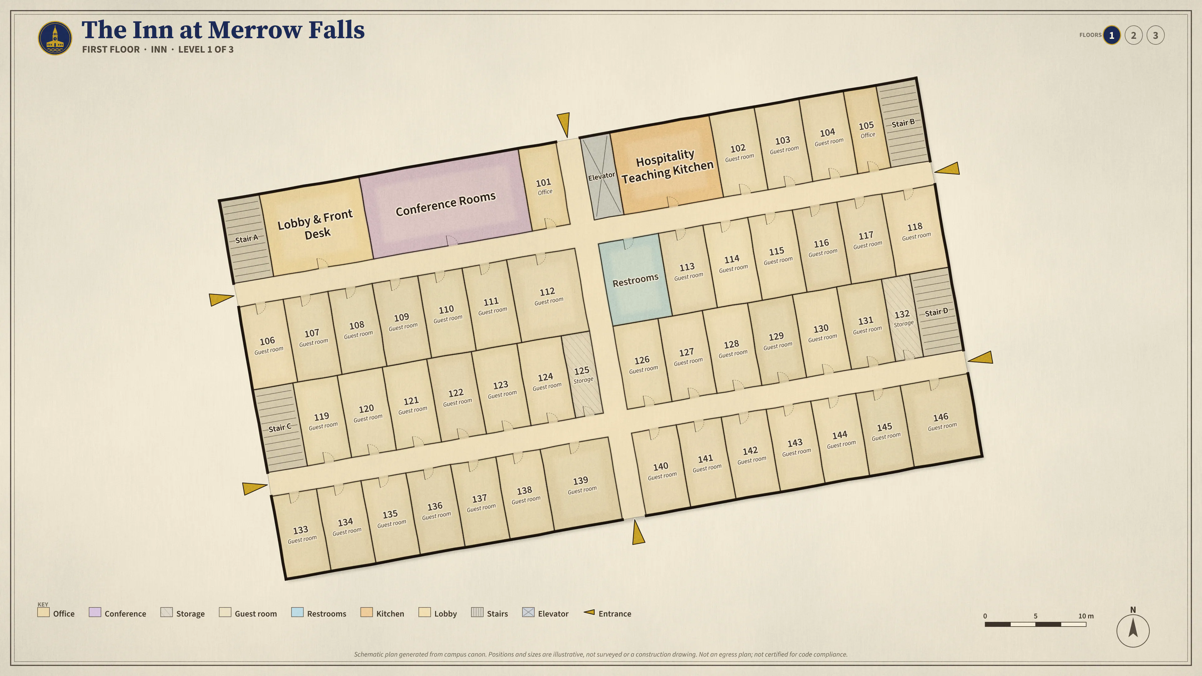 The Inn at Merrow Falls, First Floor: illustrated schematic floor plan. Searchable room list follows.