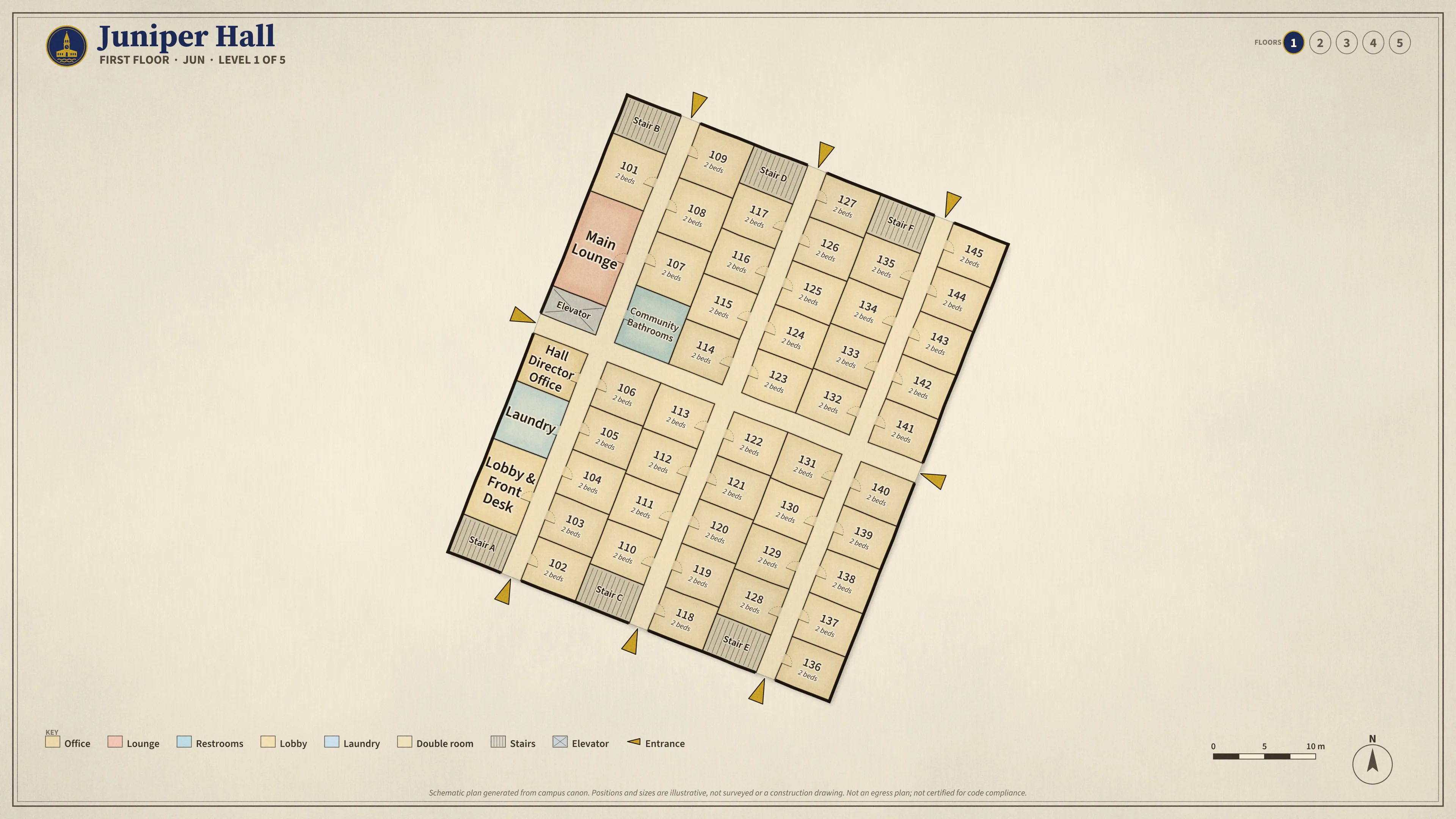 Juniper Hall, First Floor: illustrated schematic floor plan. Searchable room list follows.