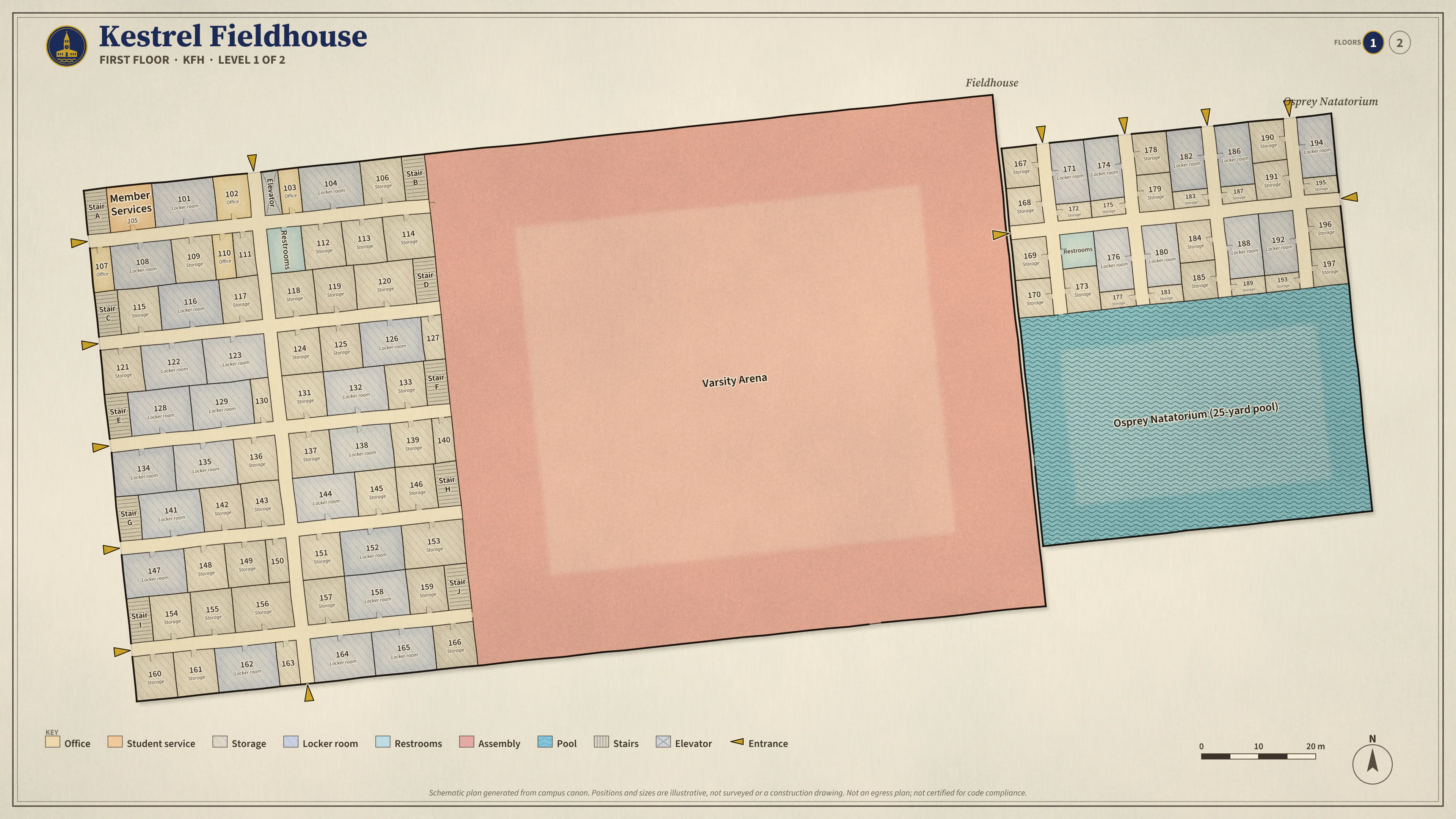 Kestrel Fieldhouse, First Floor: illustrated schematic floor plan. Searchable room list follows.