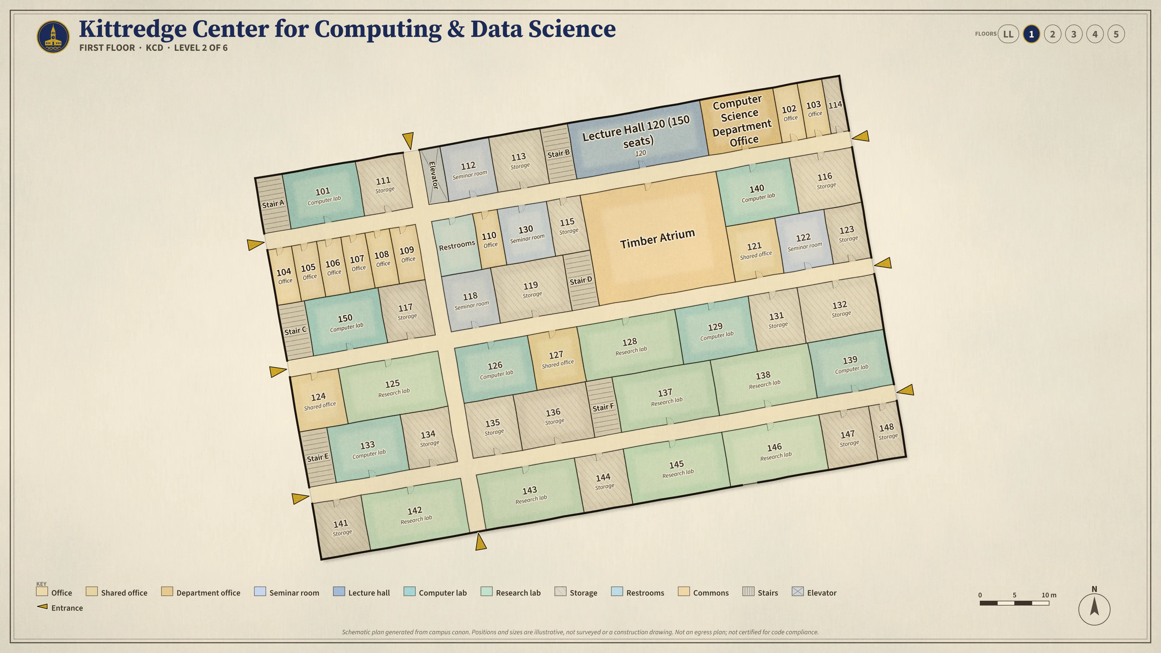 Kittredge Center for Computing & Data Science, First Floor: illustrated schematic floor plan. Searchable room list follows.