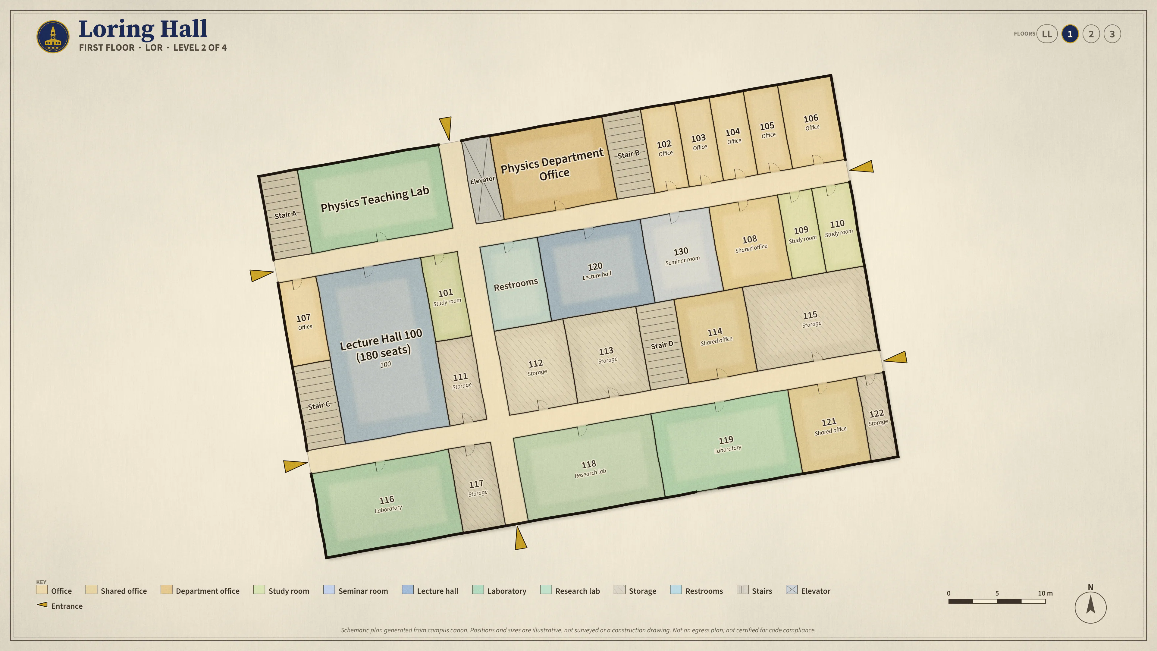 Loring Hall, First Floor: illustrated schematic floor plan. Searchable room list follows.