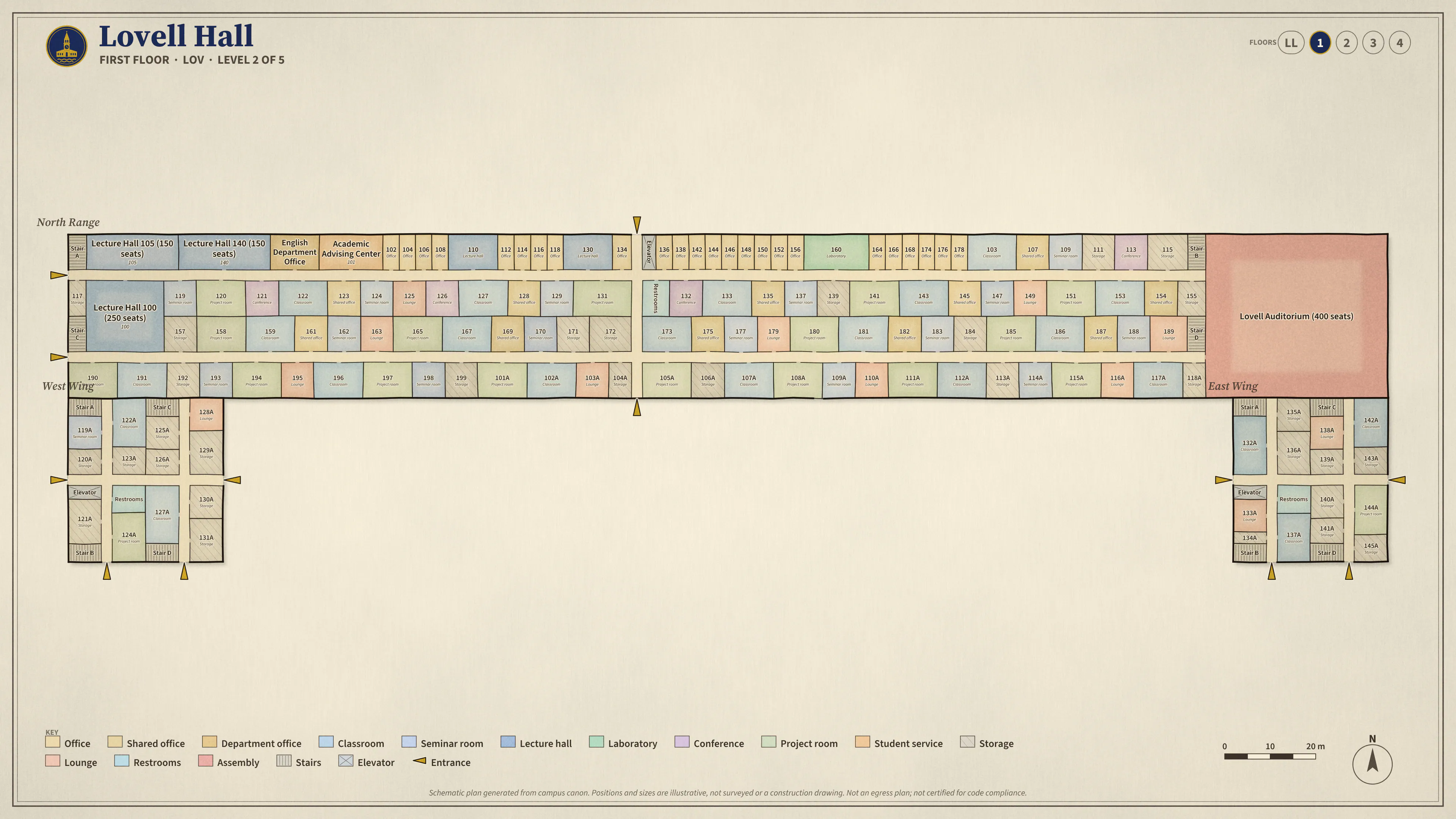 Lovell Hall, First Floor: illustrated schematic floor plan. Searchable room list follows.