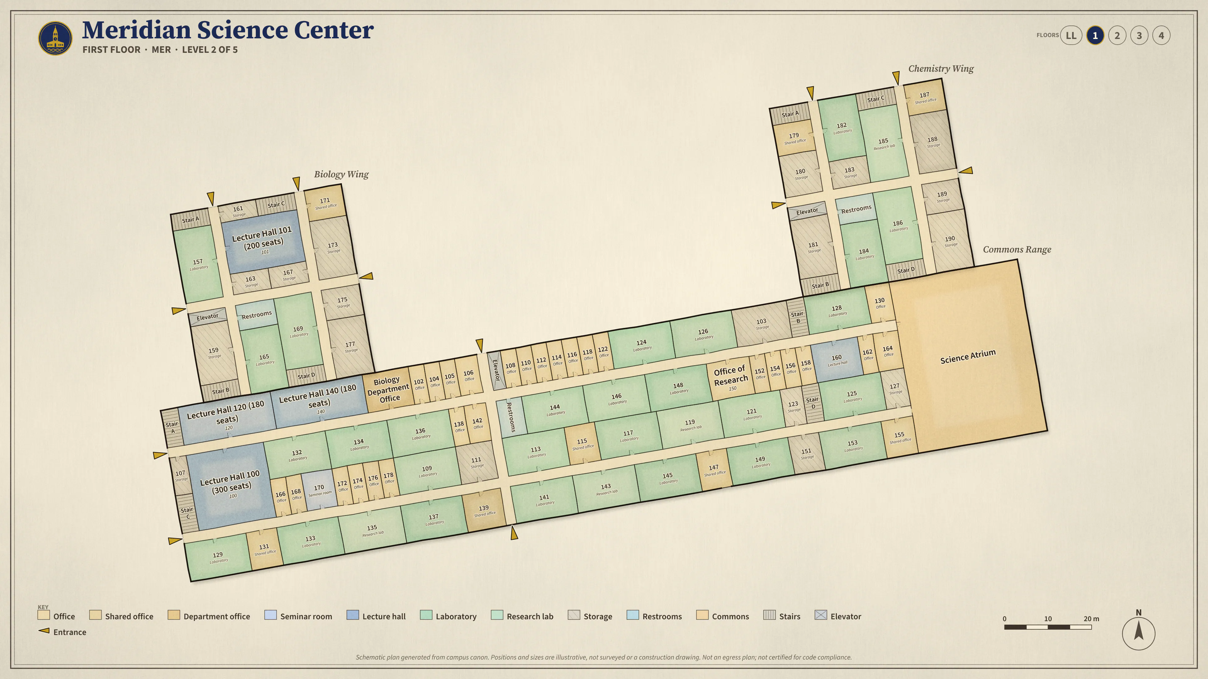 Meridian Science Center, First Floor: illustrated schematic floor plan. Searchable room list follows.
