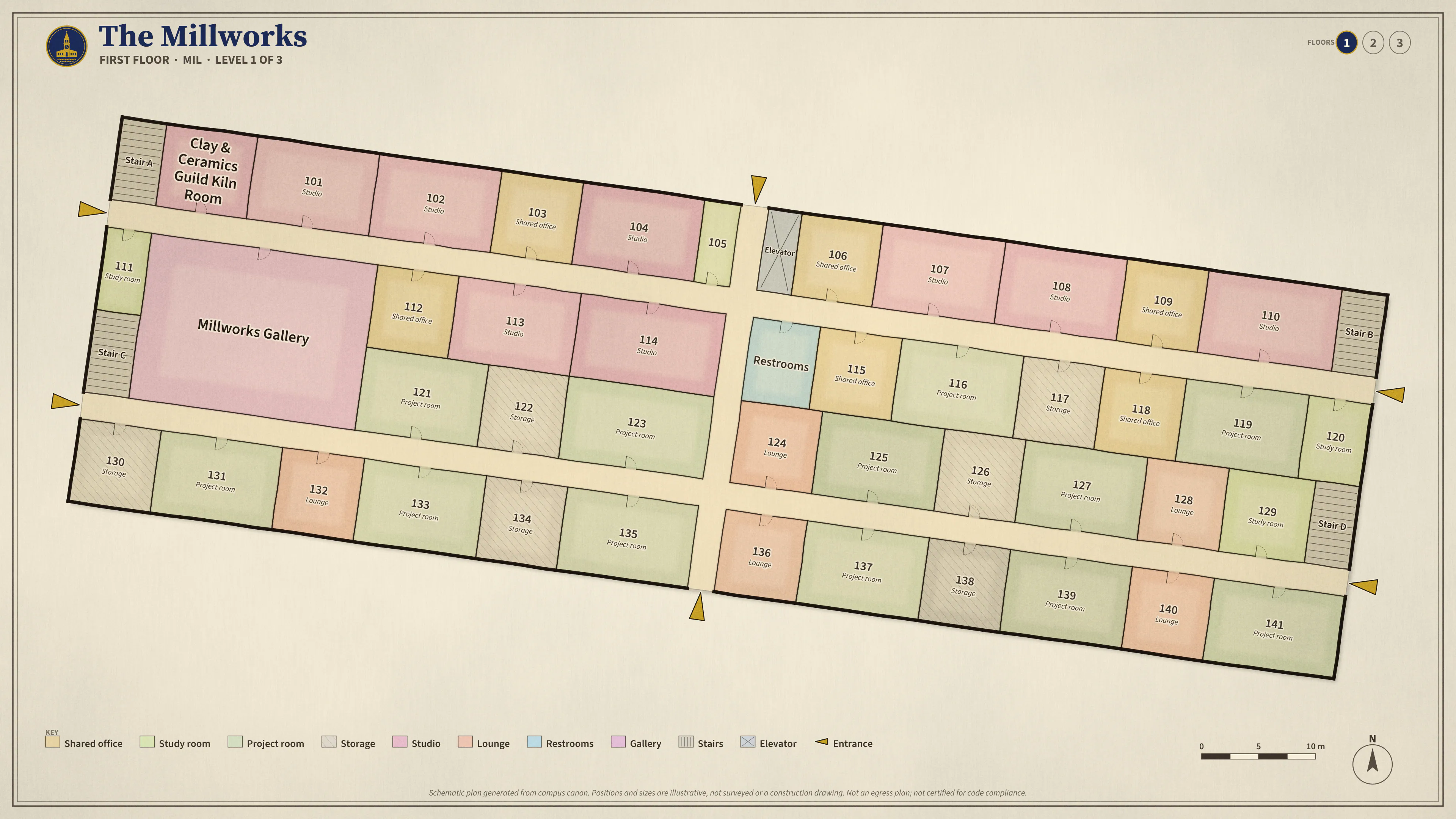 The Millworks, First Floor: illustrated schematic floor plan. Searchable room list follows.