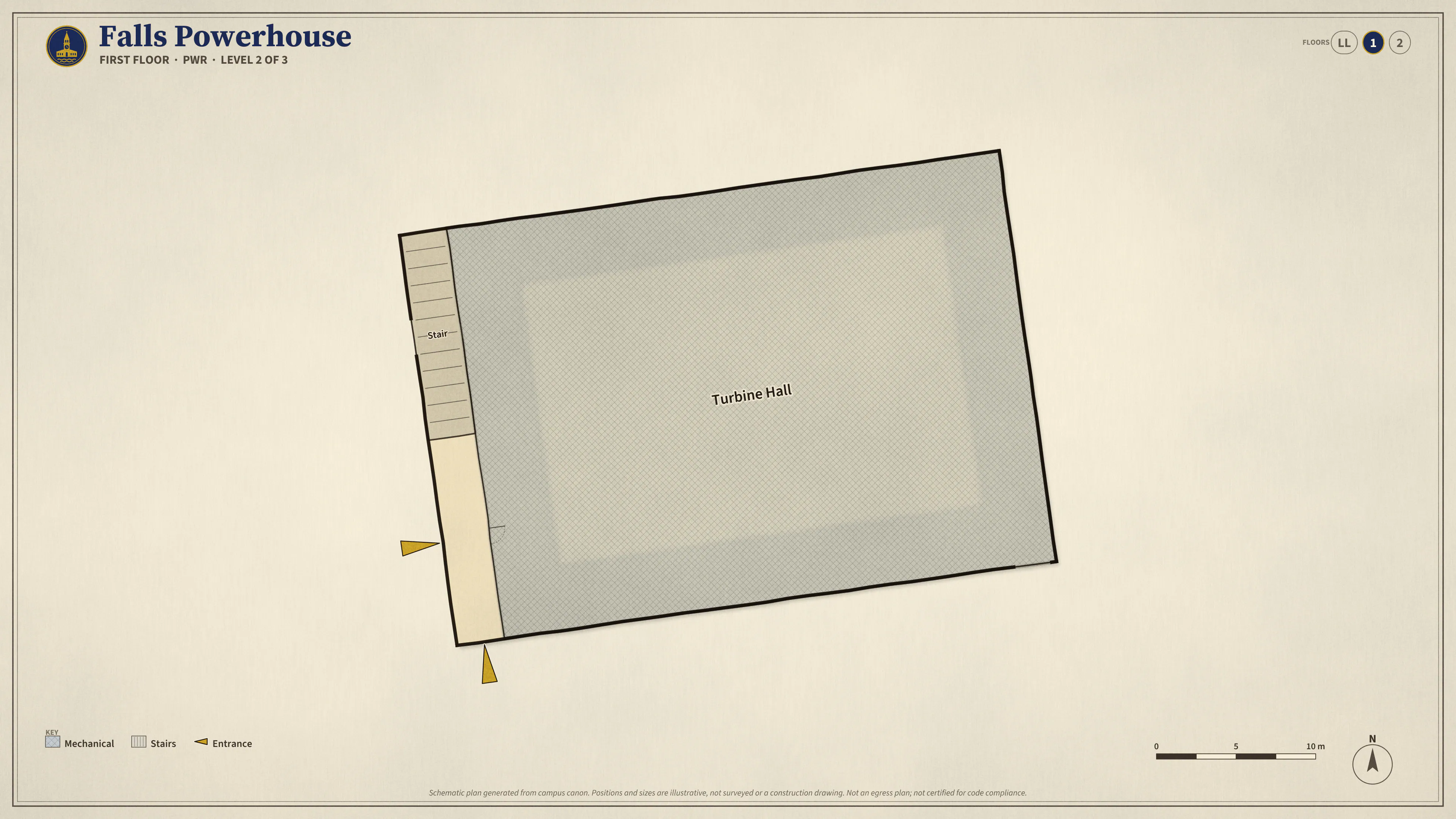 Falls Powerhouse, First Floor: illustrated schematic floor plan. Searchable room list follows.