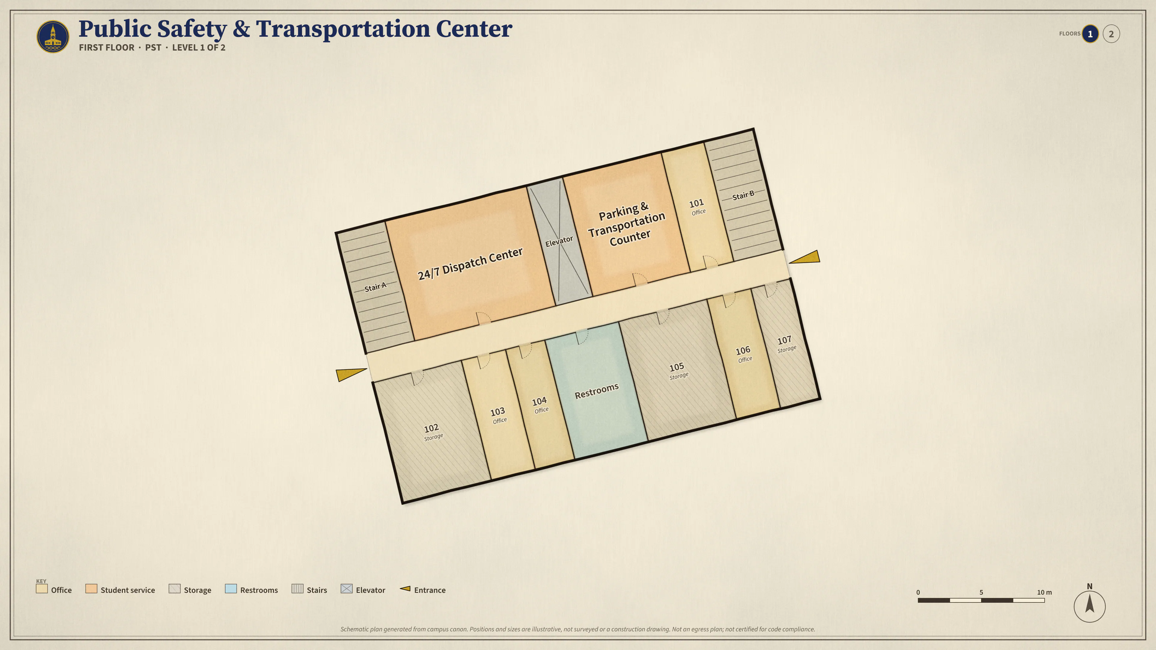 Public Safety & Transportation Center, First Floor: illustrated schematic floor plan. Searchable room list follows.