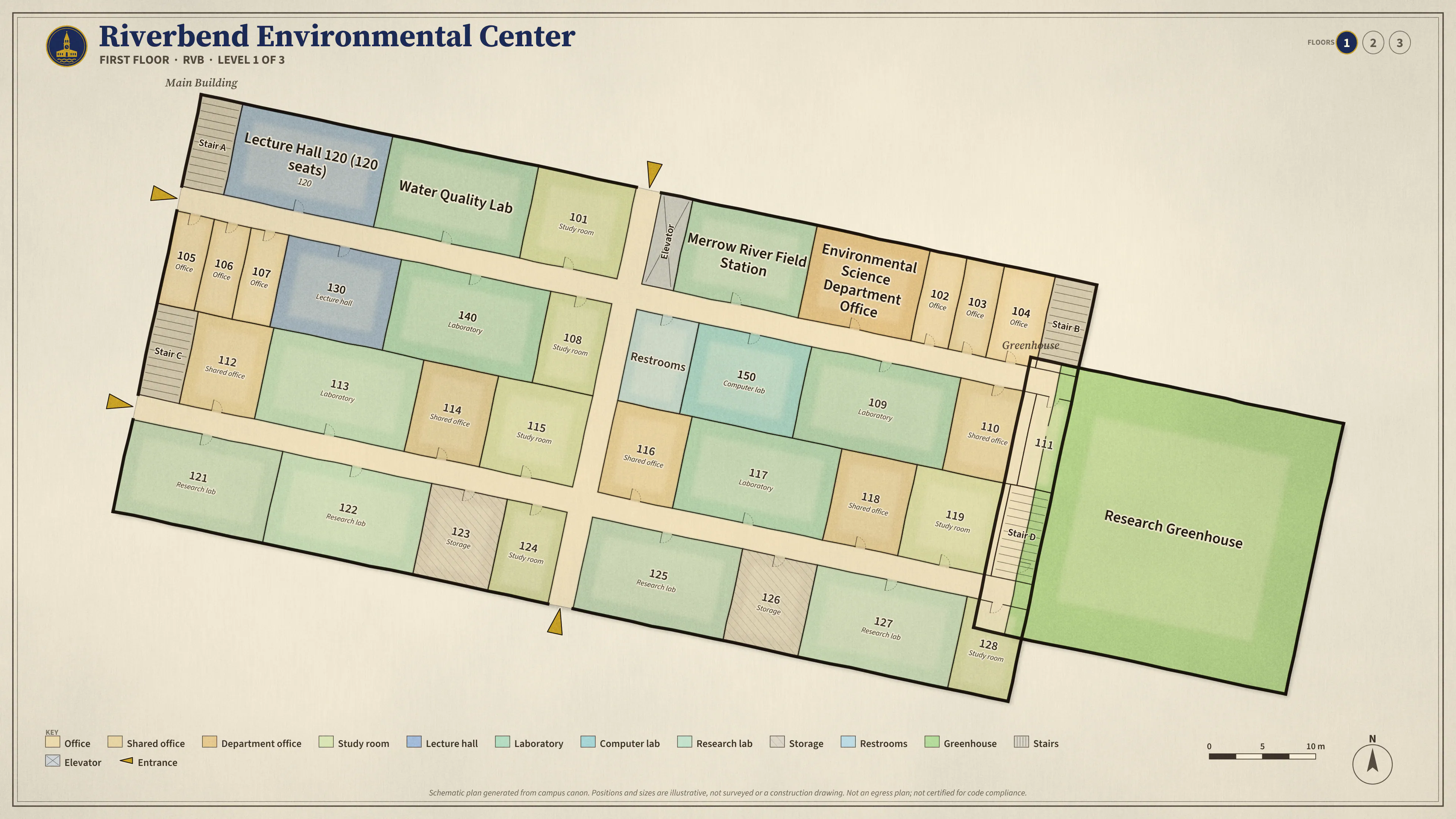 Riverbend Environmental Center, First Floor: illustrated schematic floor plan. Searchable room list follows.
