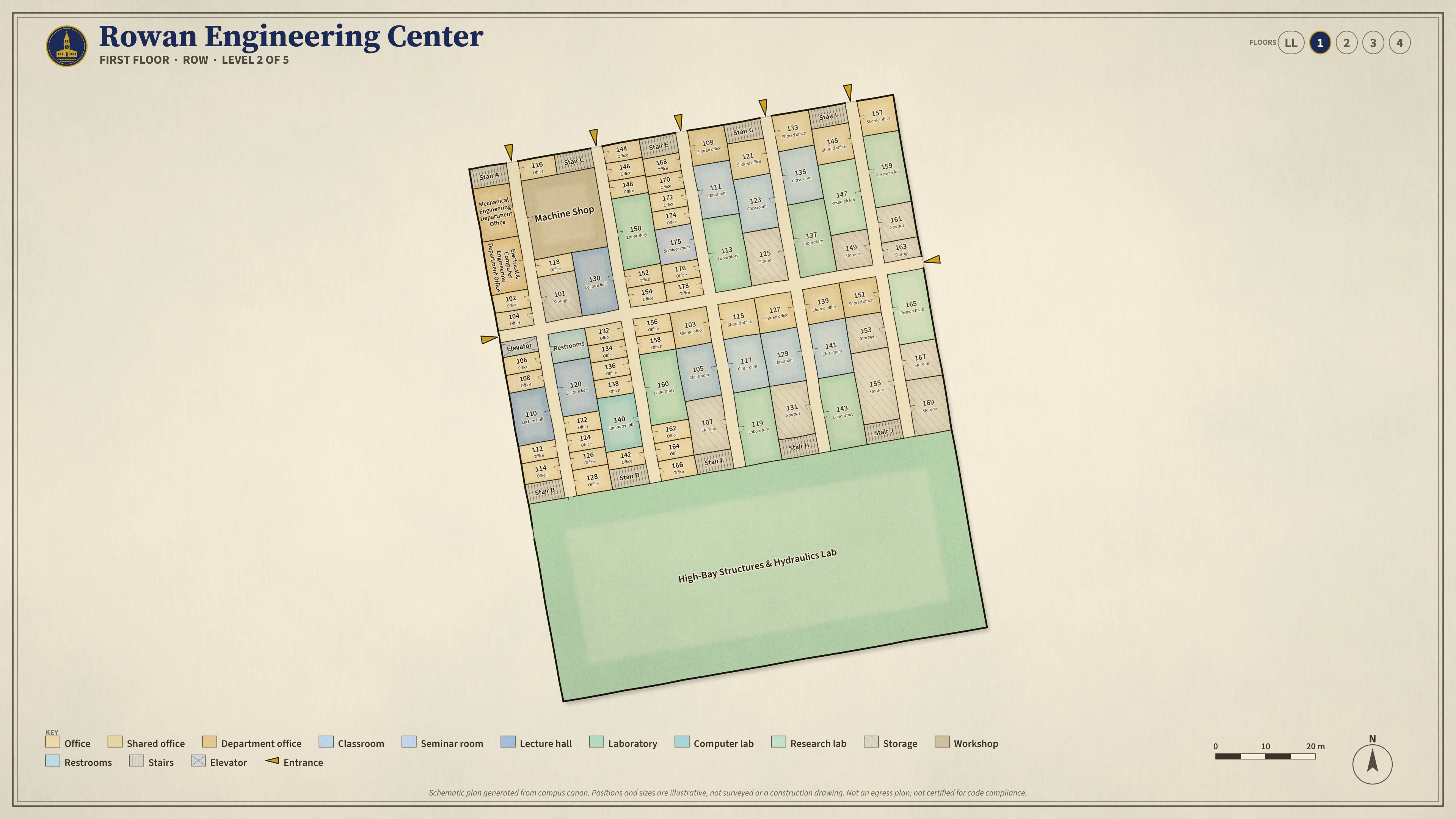 Rowan Engineering Center, First Floor: illustrated schematic floor plan. Searchable room list follows.