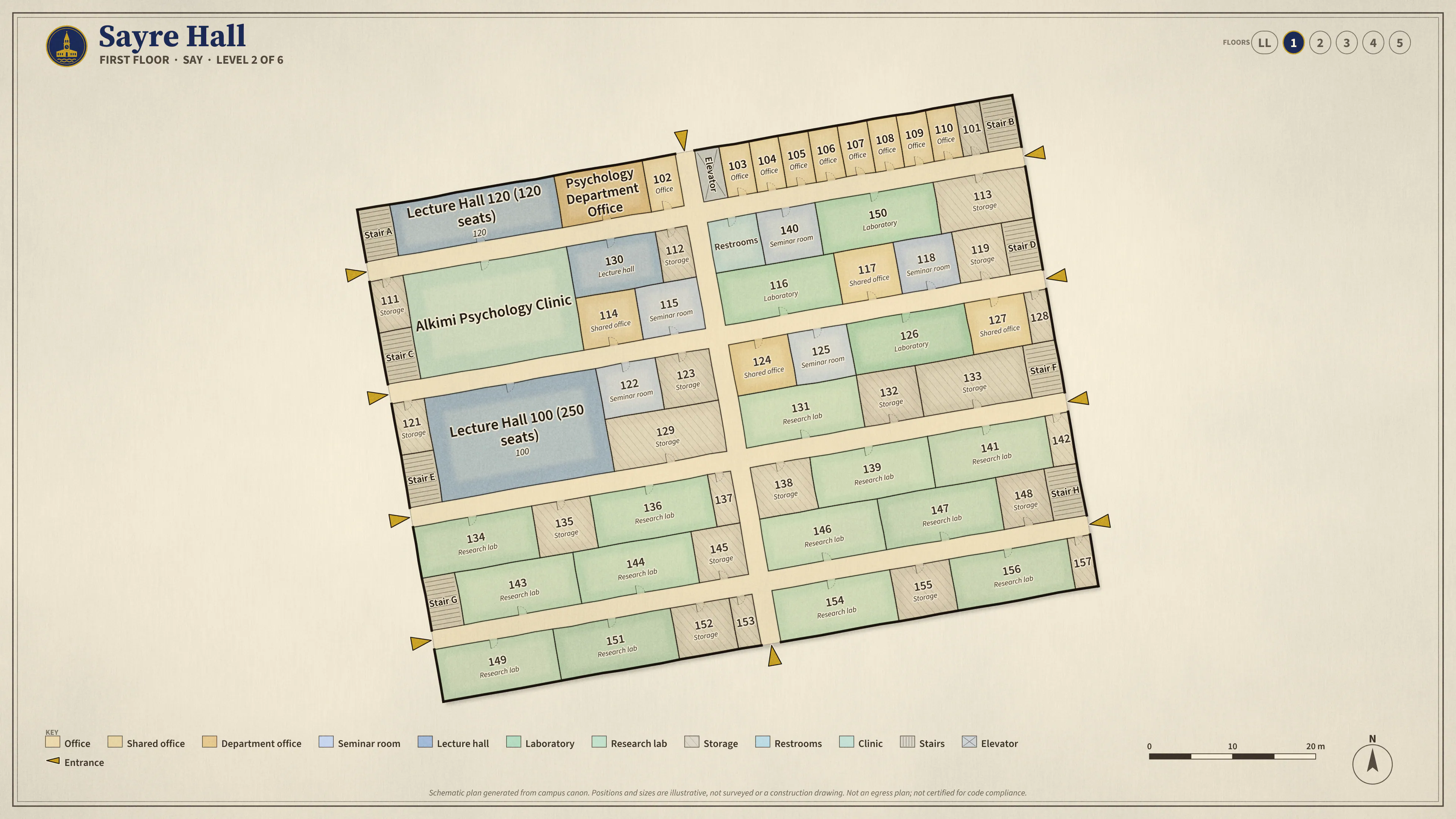 Sayre Hall, First Floor: illustrated schematic floor plan. Searchable room list follows.