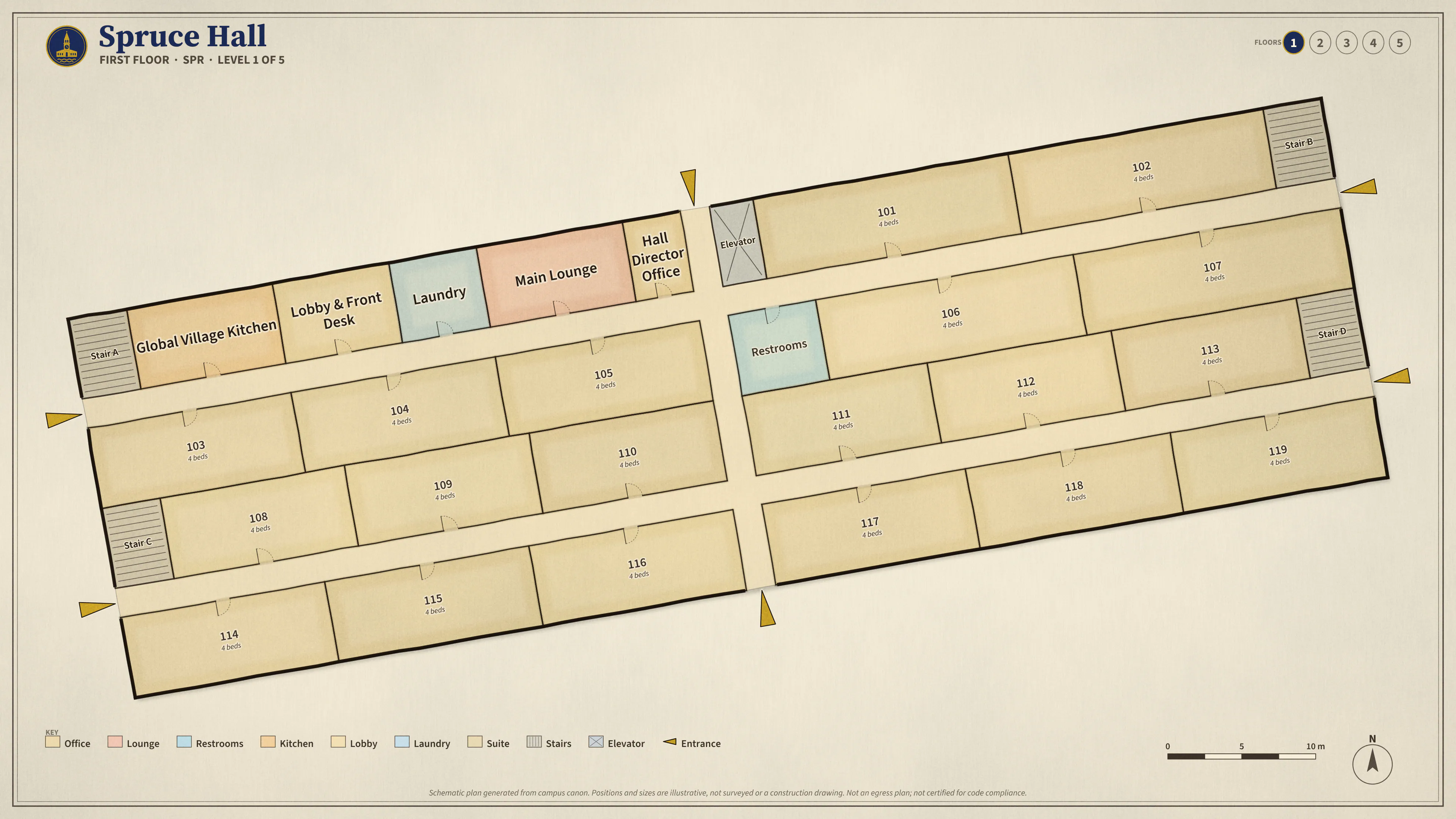 Spruce Hall, First Floor: illustrated schematic floor plan. Searchable room list follows.