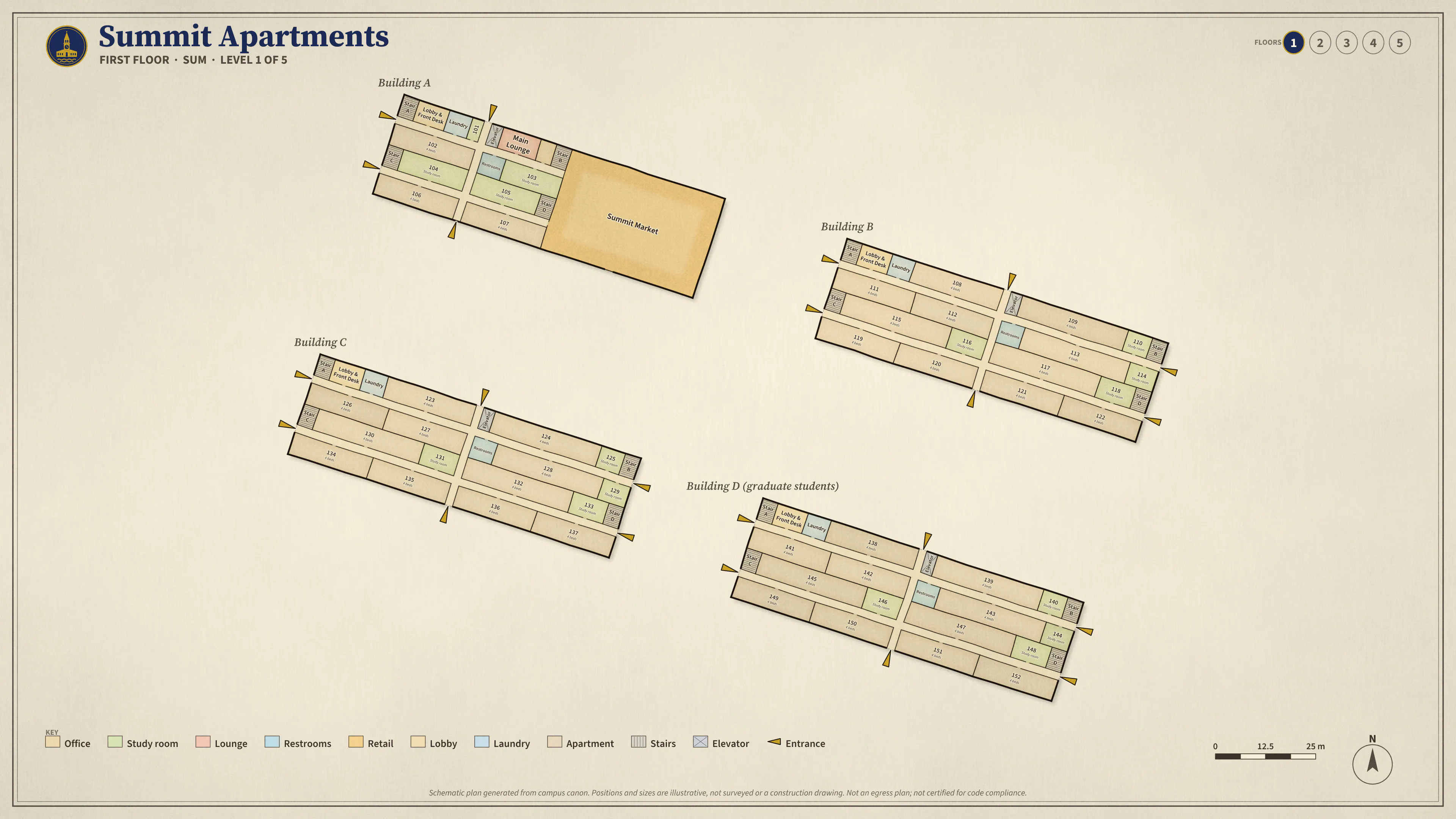 Summit Apartments, First Floor: illustrated schematic floor plan. Searchable room list follows.