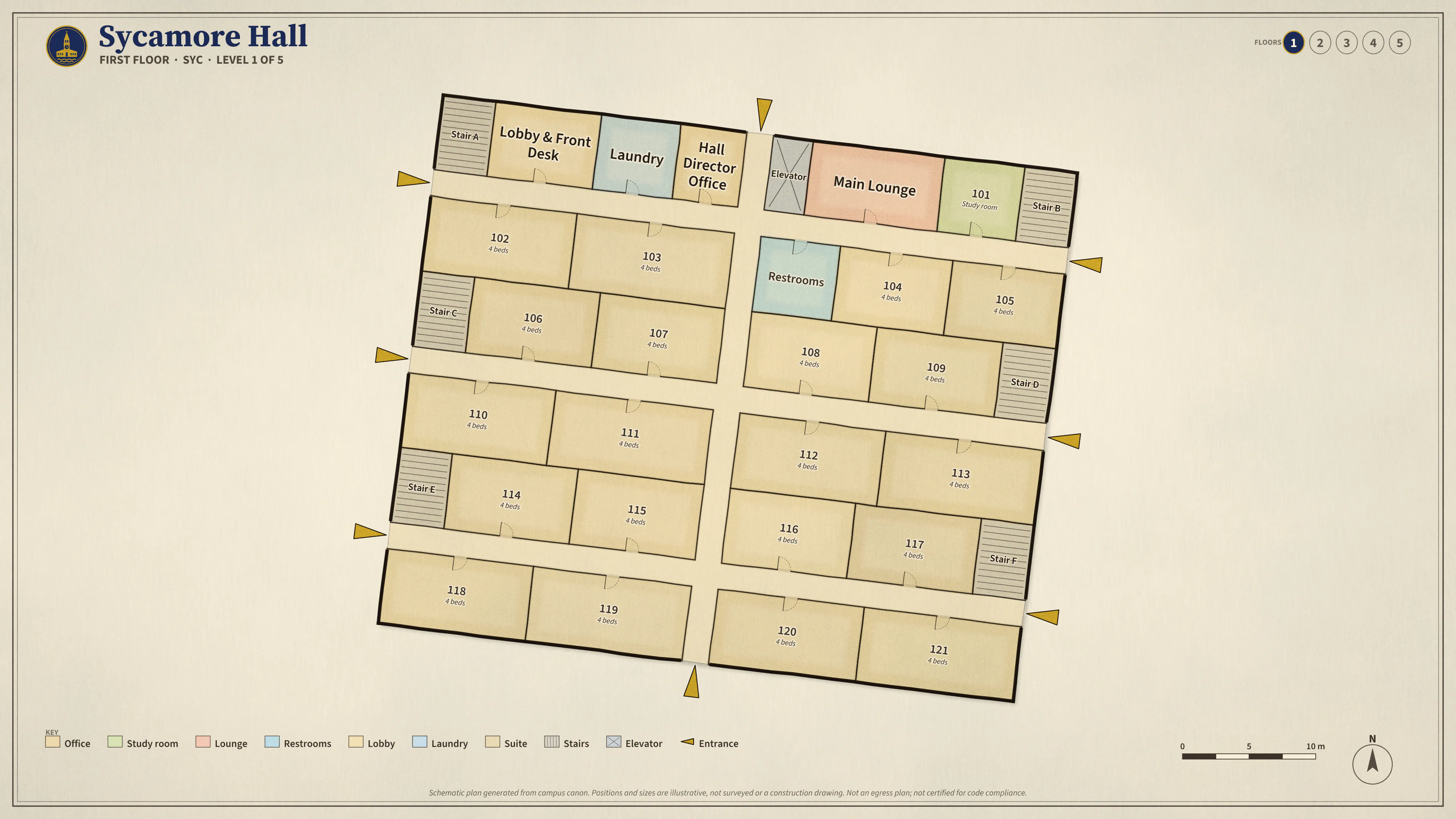 Sycamore Hall, First Floor: illustrated schematic floor plan. Searchable room list follows.