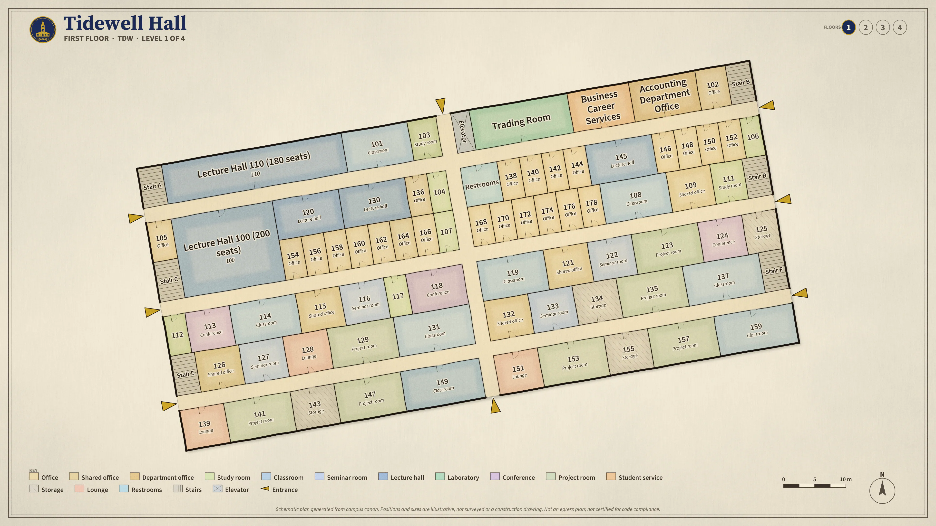 Tidewell Hall, First Floor: illustrated schematic floor plan. Searchable room list follows.