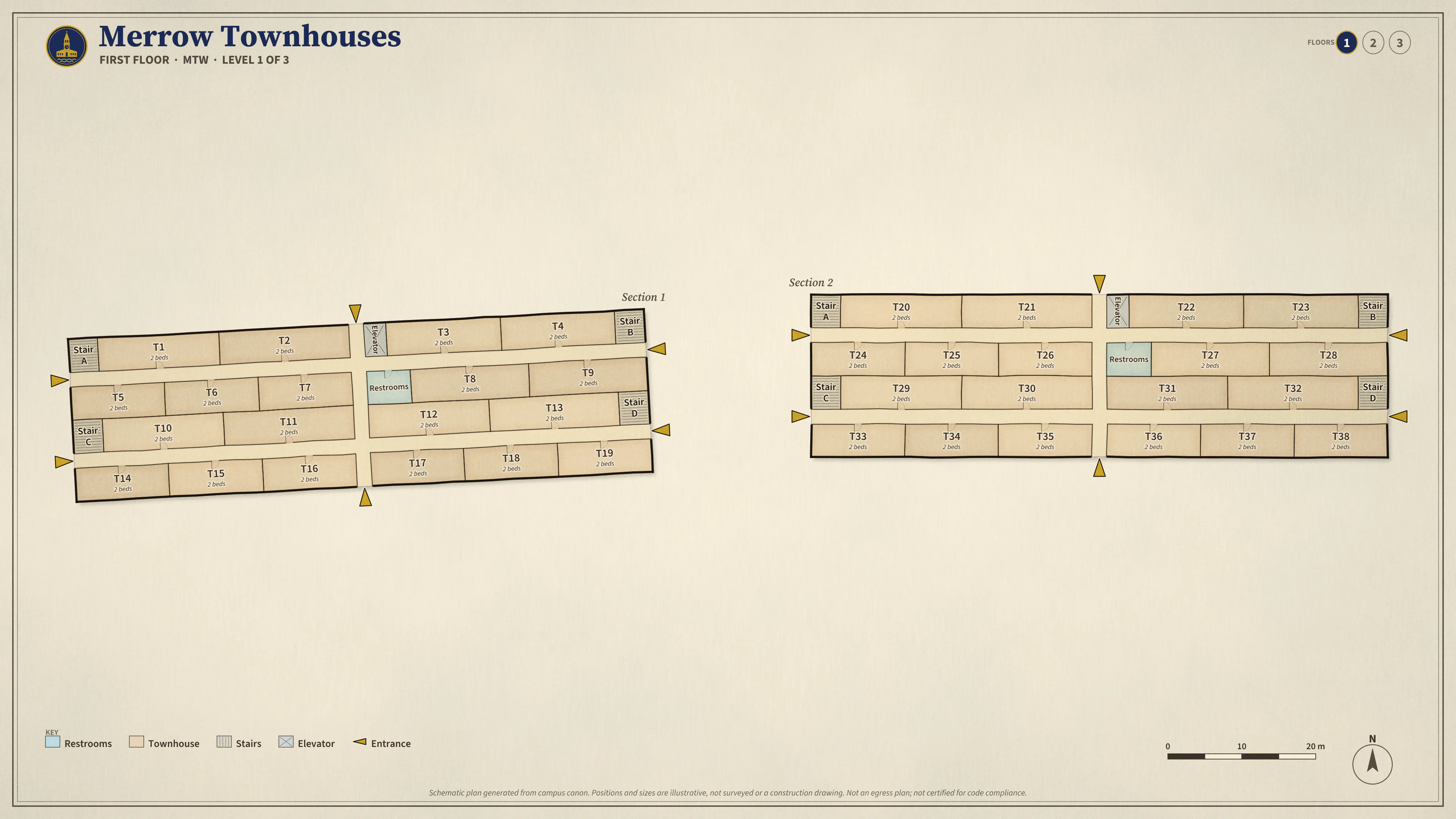 Merrow Townhouses, First Floor: illustrated schematic floor plan. Searchable room list follows.