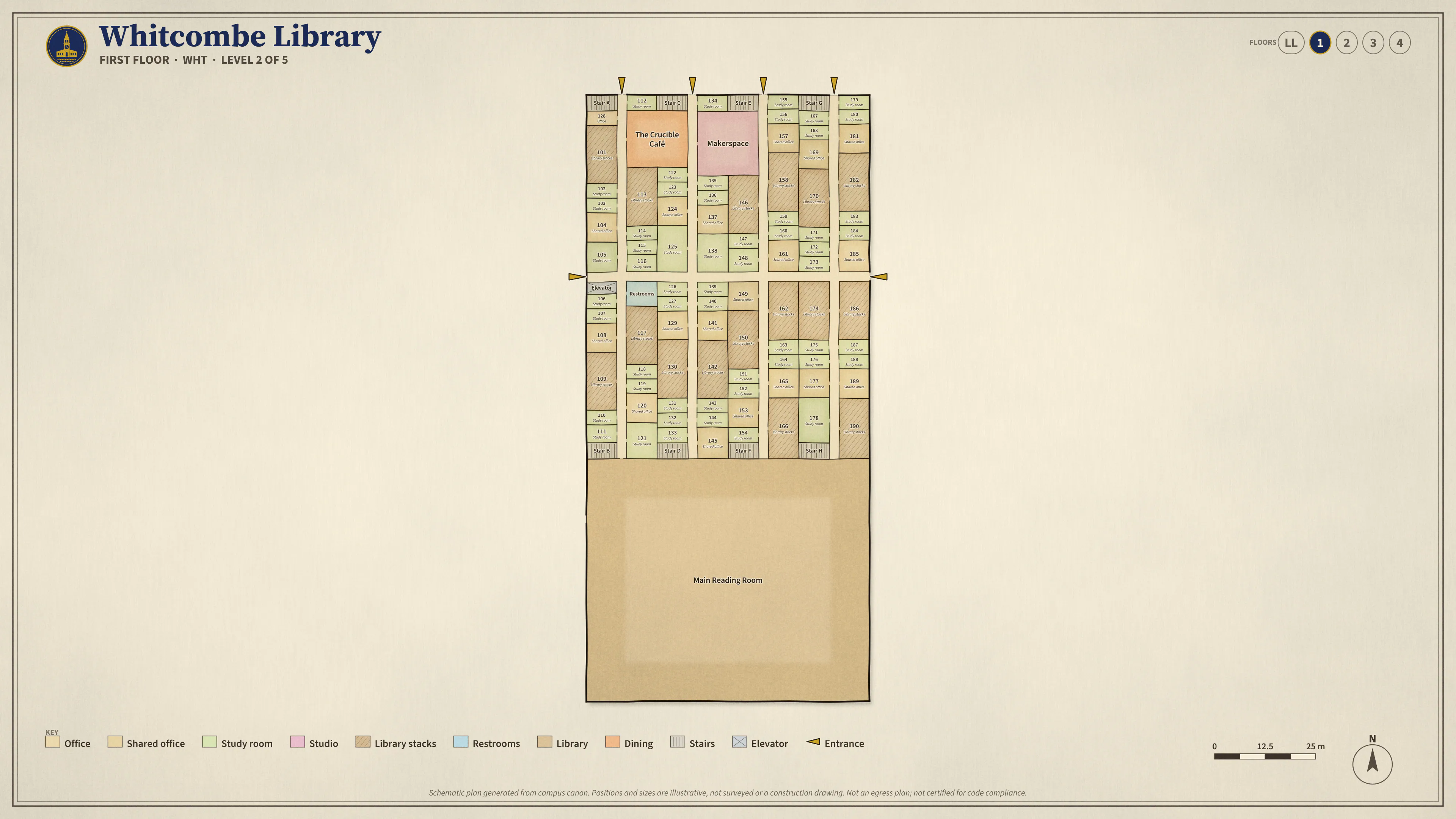 Whitcombe Library, First Floor: illustrated schematic floor plan. Searchable room list follows.