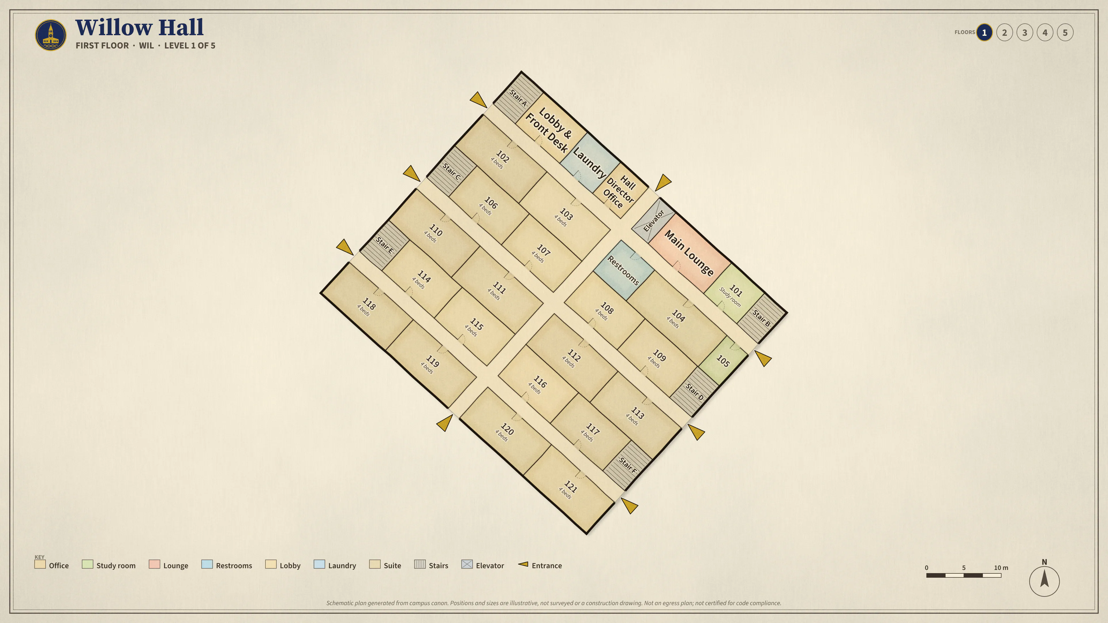 Willow Hall, First Floor: illustrated schematic floor plan. Searchable room list follows.