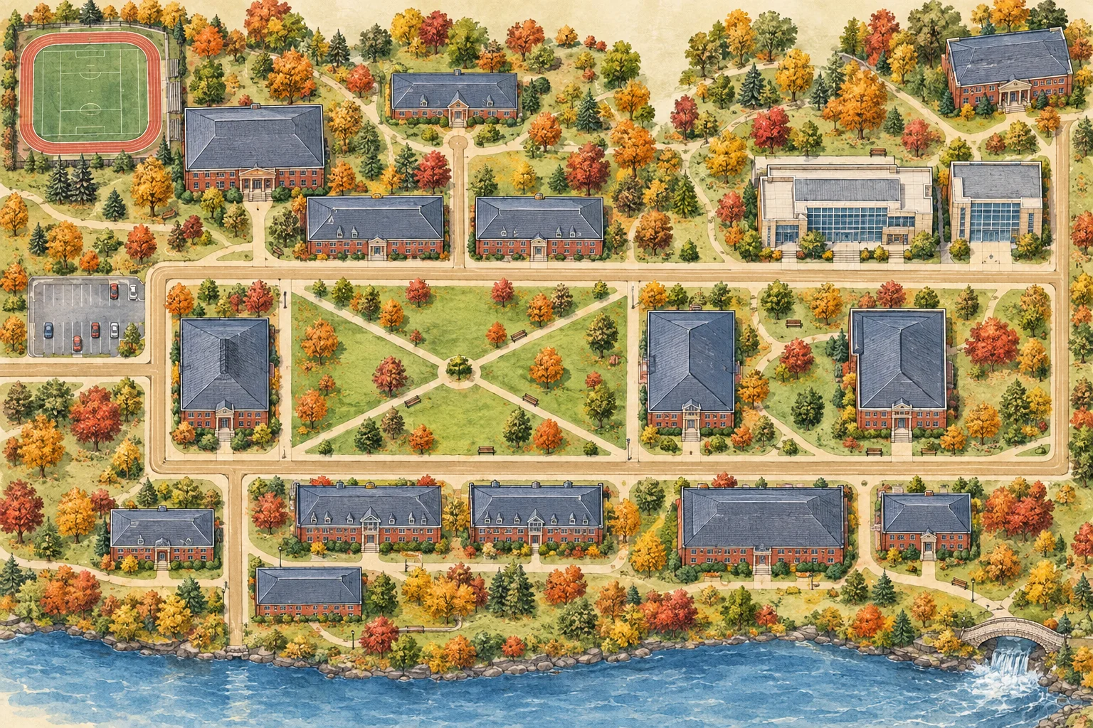 Illustrated map of the Alkimi University campus