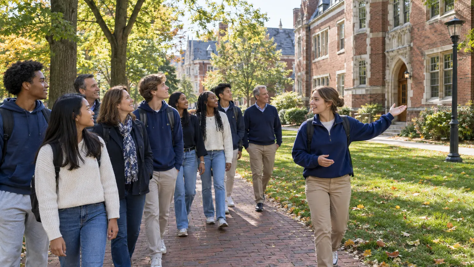 A student tour guide leads prospective students and their families across the Main Quad