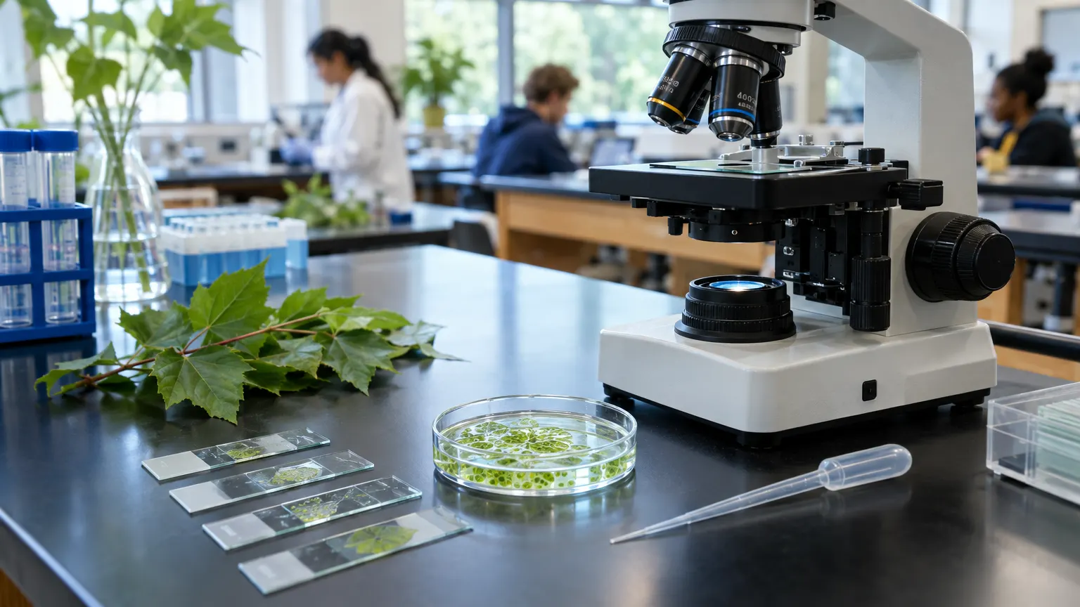 A microscope and specimen slides