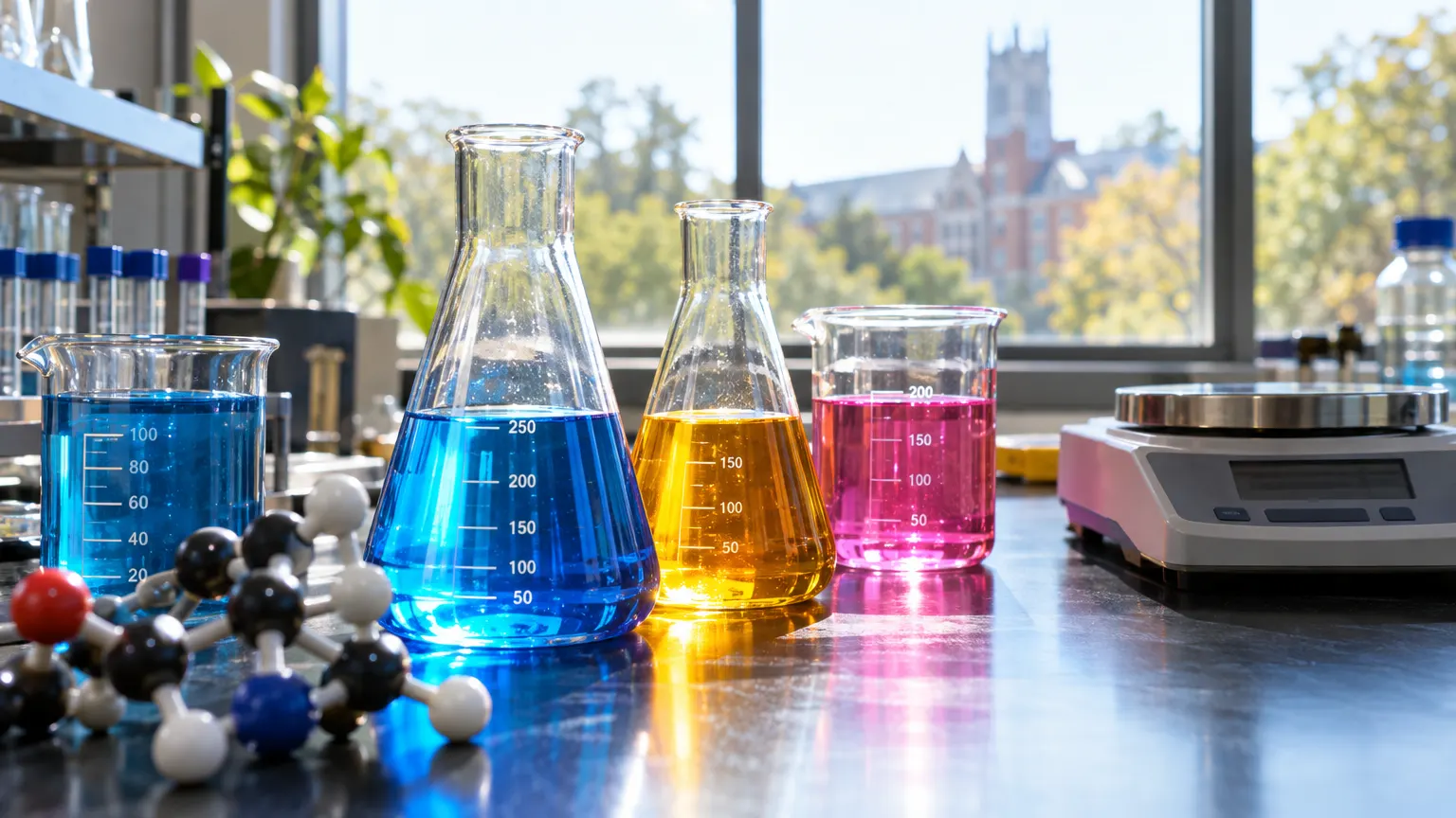 Chemistry glassware with colored solutions